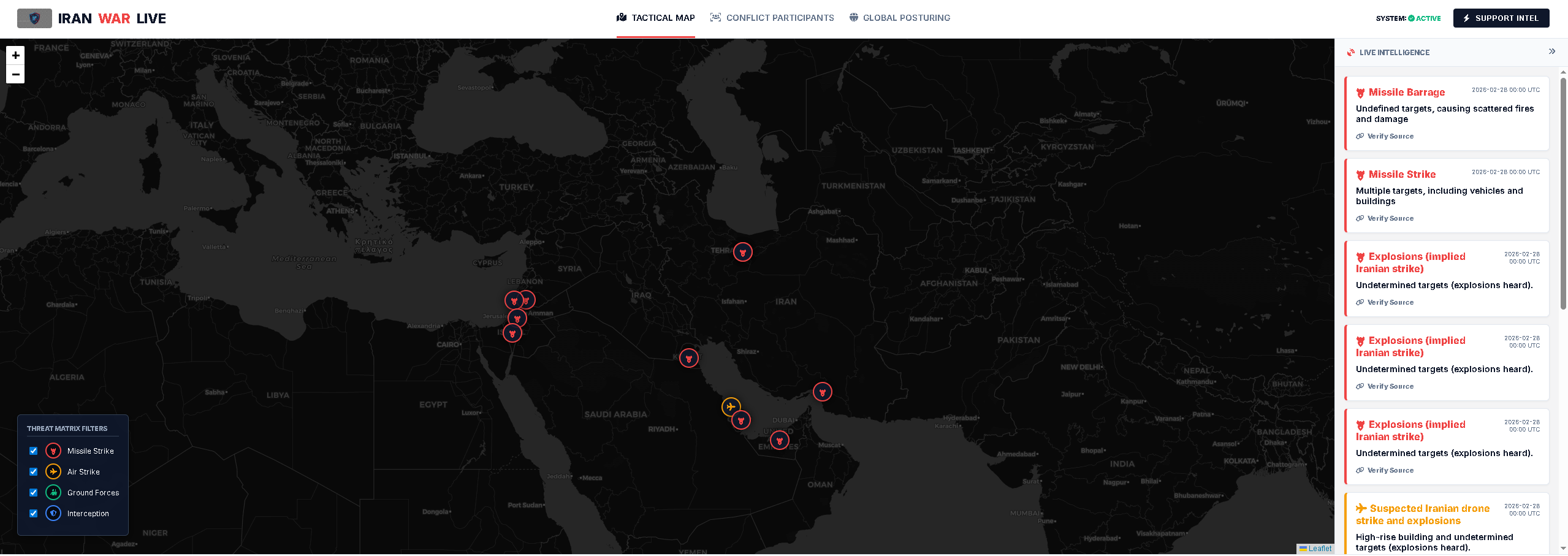 [OC] A live, automated threat matrix mapping kinetic strikes and military posturing in the Middle East. Visualization