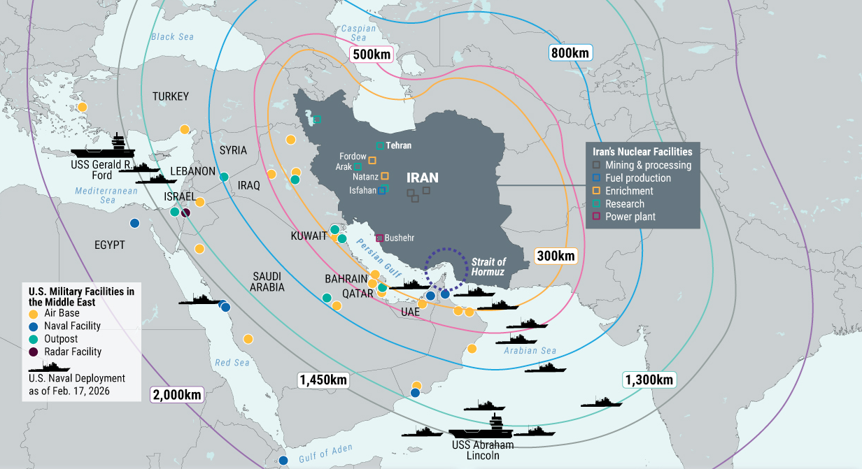Iran's nuclear facilities vs. US military facilities + naval deployments in the Middle East (CRS/ASP/JINSA/CFR) Comparison Iran's nuclear facilities vs. US military facilities + naval deployments in the Middle East (CRS/ASP/JINSA/CFR) Comparison