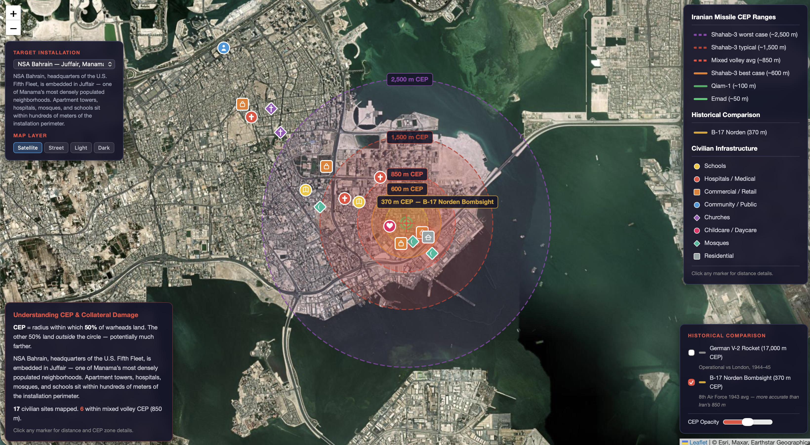 [OC] Iran is firing munitions at military targets, but they have less accuracy than the munitions used in the carpet bombing of Europe during WW2. Visualization