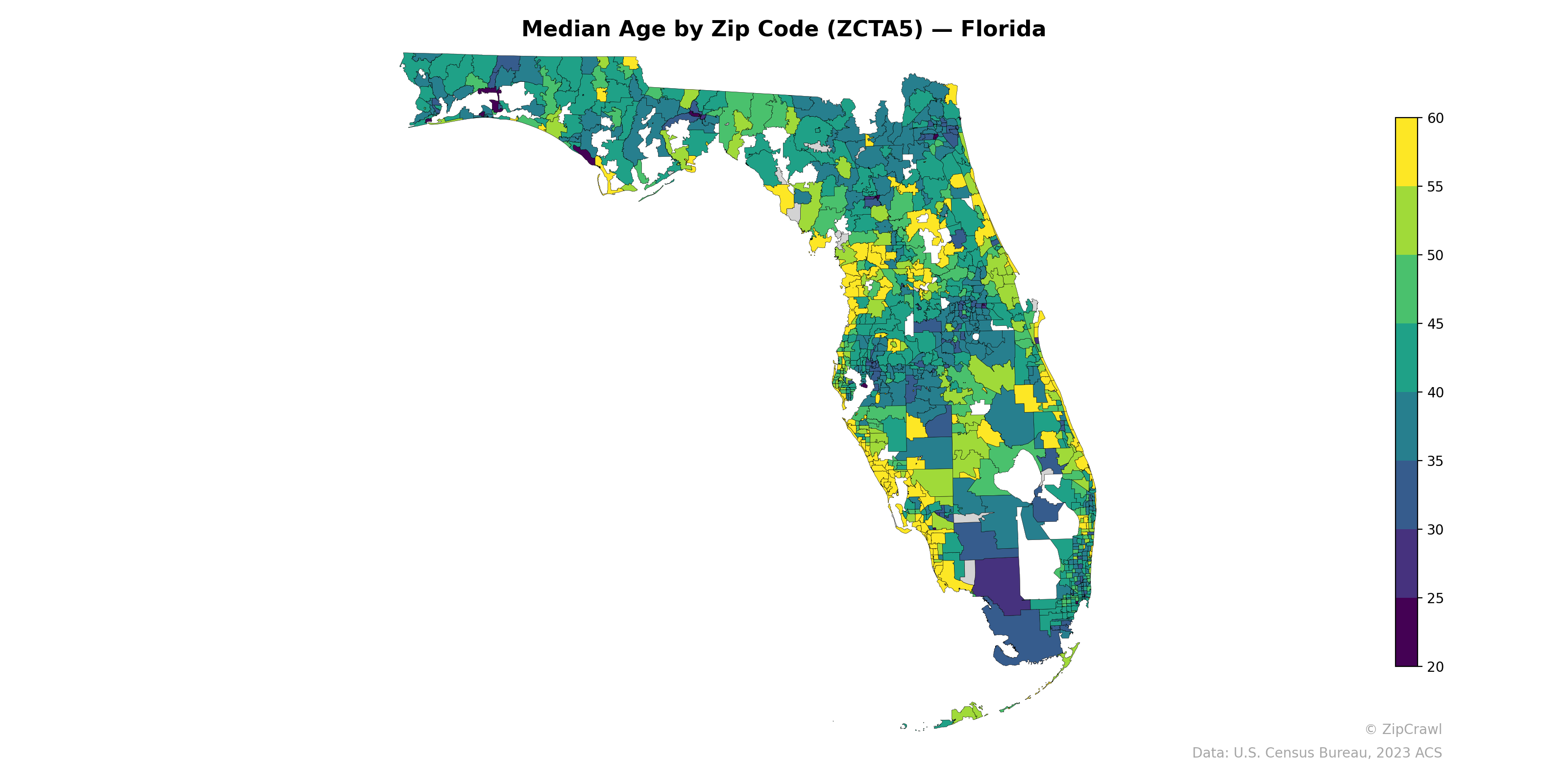 [OC] Median Age by Zip Code in Florida Visualization