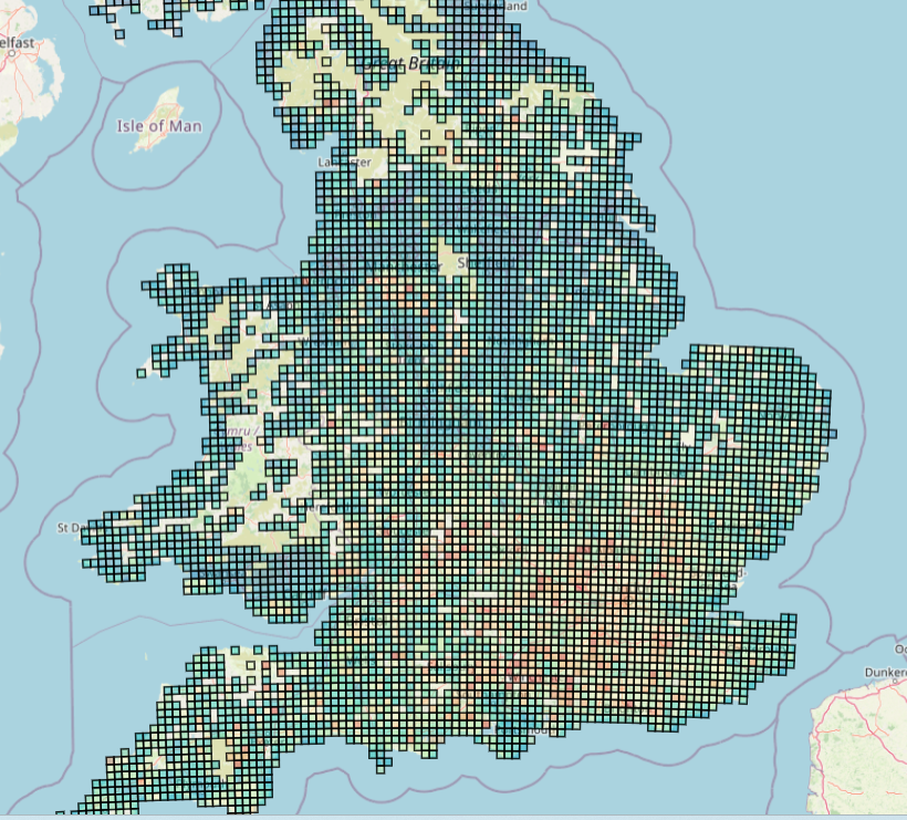 [OC] UK house prices and Find my Area Tool - match scores shown on a 1km>25km grid (using sold prices, 2020 to 2025) Visualization
