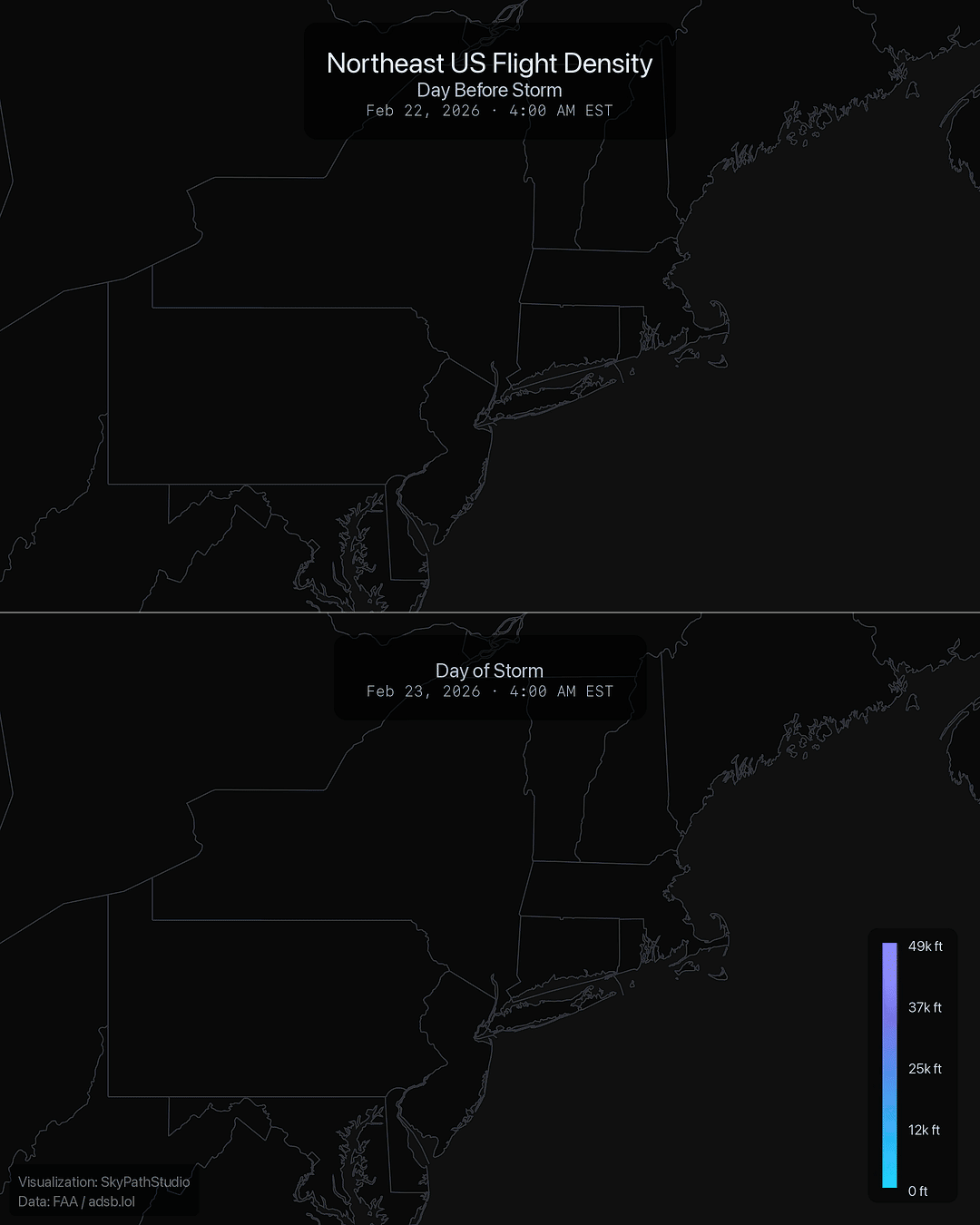 [OC] Airline traffic across the Northeast US before vs during Winter Storm Hernando Comparison