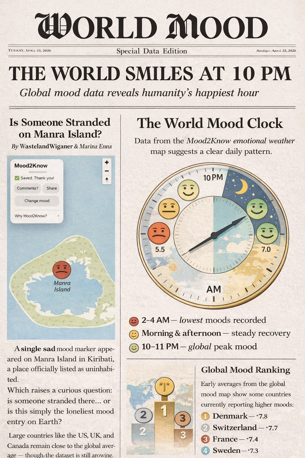 [OC] Today’s “World Mood” front page based on real-time global mood reports Visualization