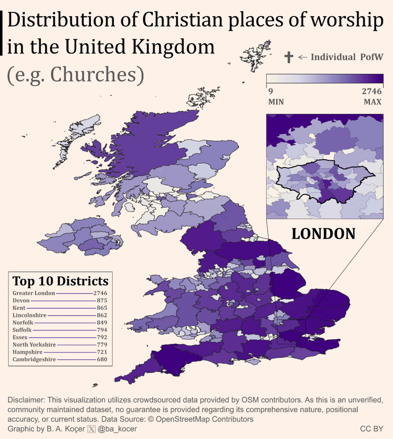 [OC] Distribution of places of worship by Religion in the United Kingdom Visualization