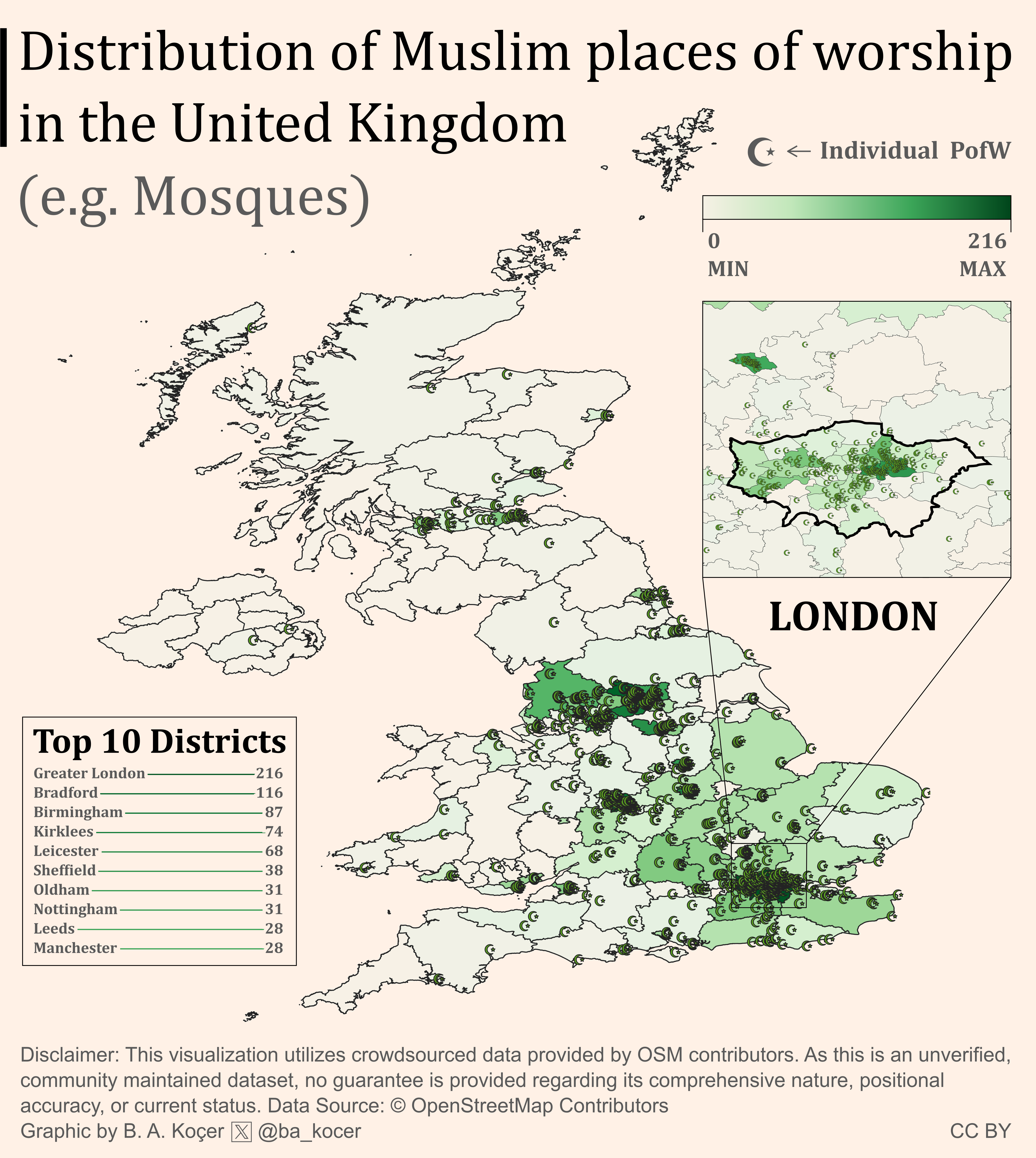 Distribution of Muslim places of worship in the UK (e.g. Mosques) Visualization
