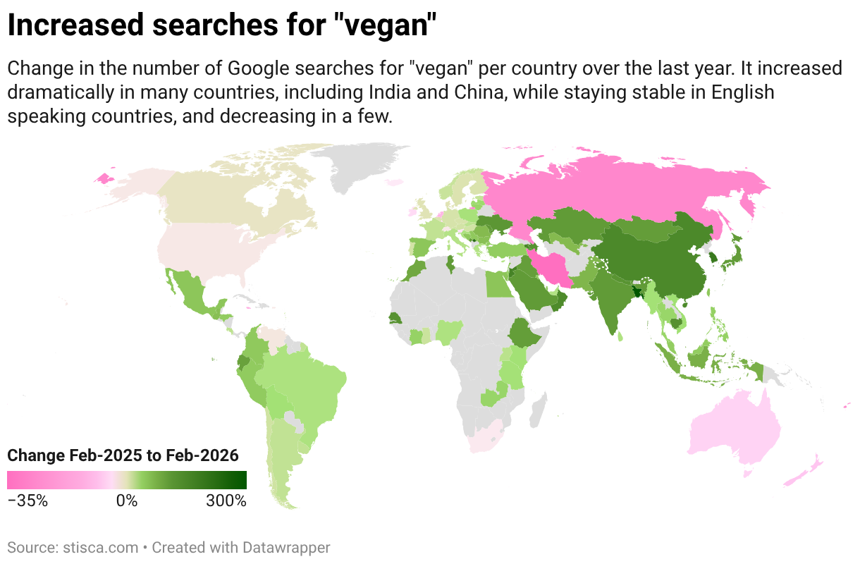 [OC] English speaking countries only paint part of the picture. "Vegan" searches are on the rise elsewhere, especially in Asia. Visualization