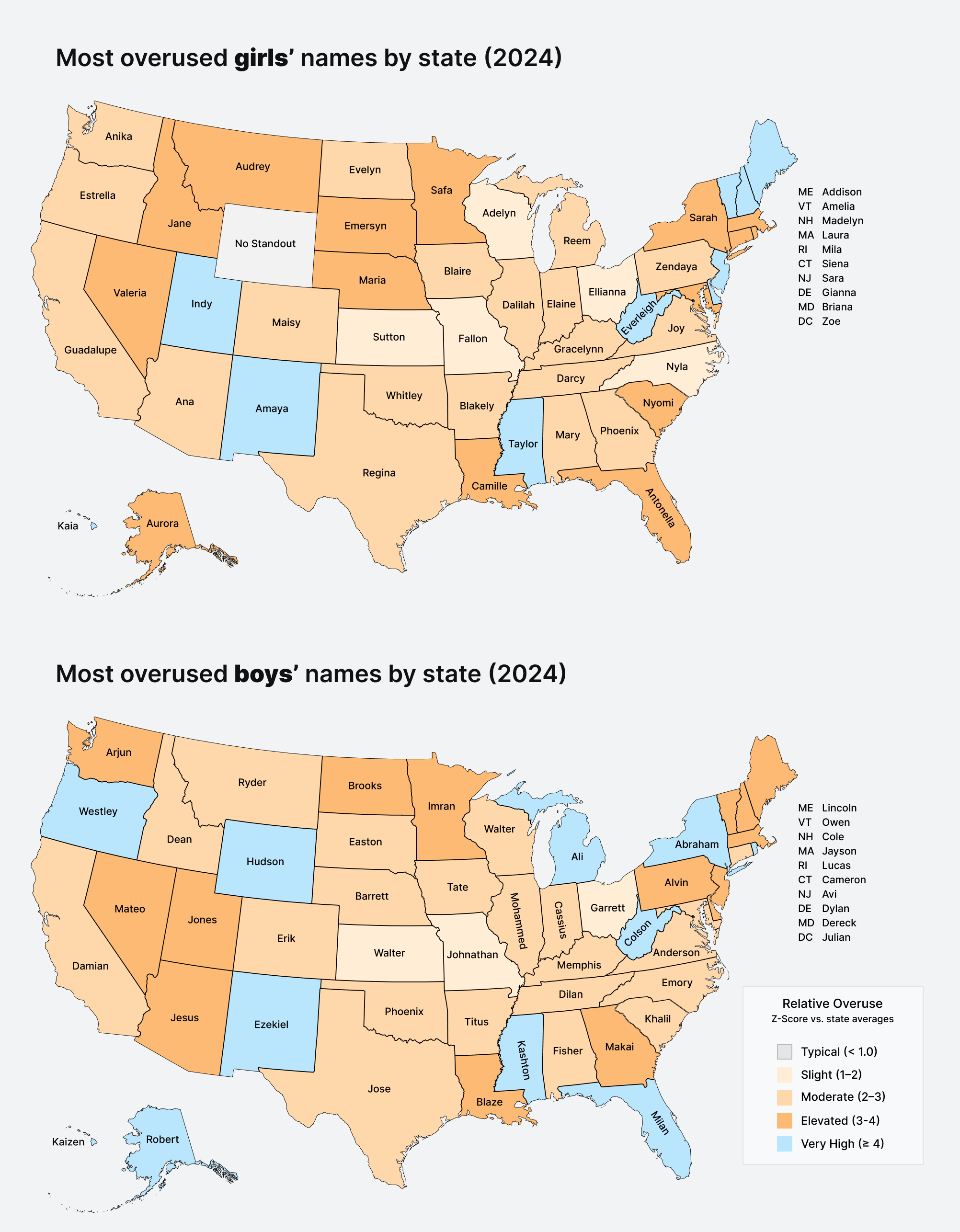 [OC] Most "Overused" Baby Names in Each State (2024) Visualization