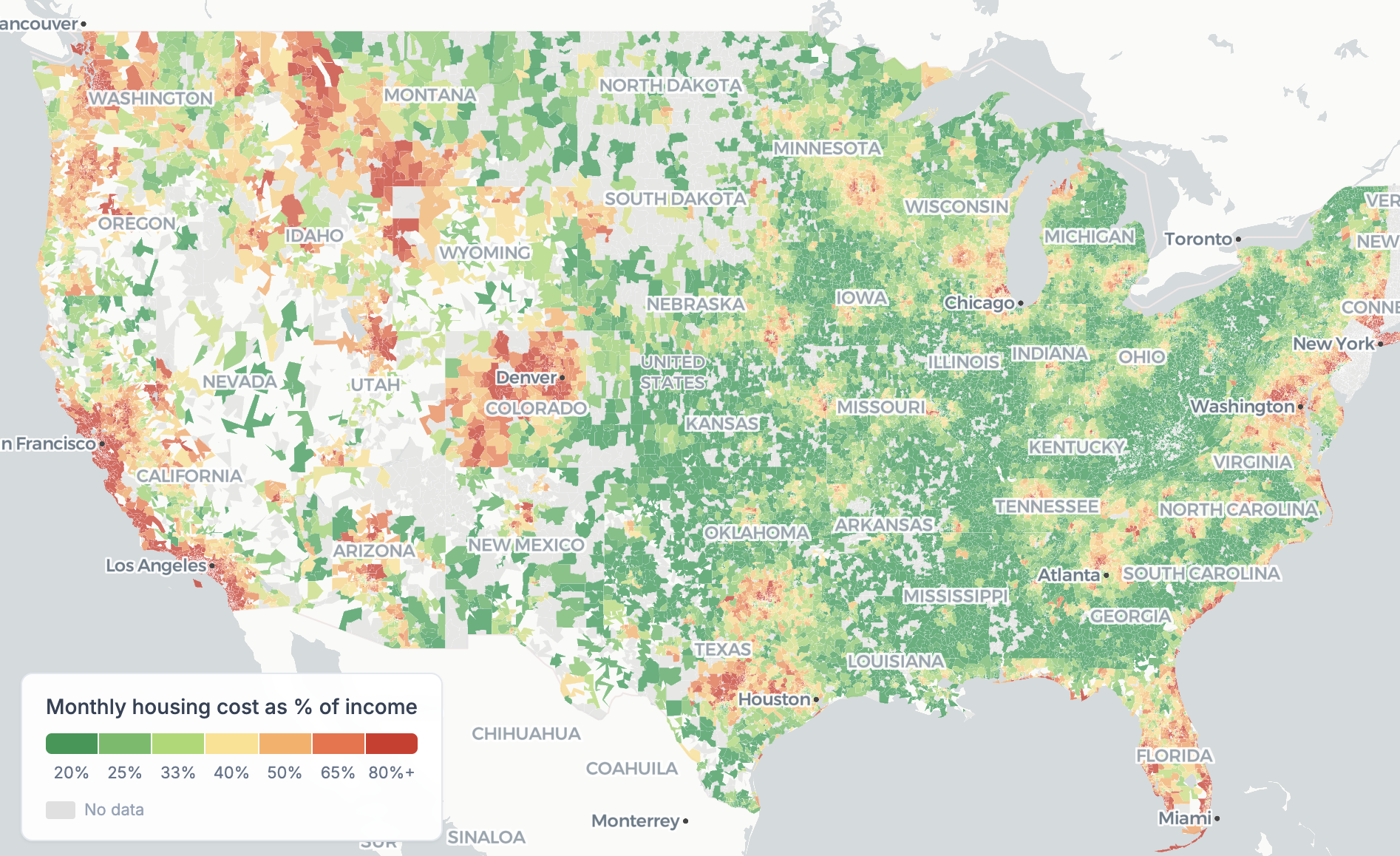 [OC] Housing affordability is local, so I mapped 26,000 U.S. ZIP codes by cost burden, and at the median income, only 53% are affordable. Visualization