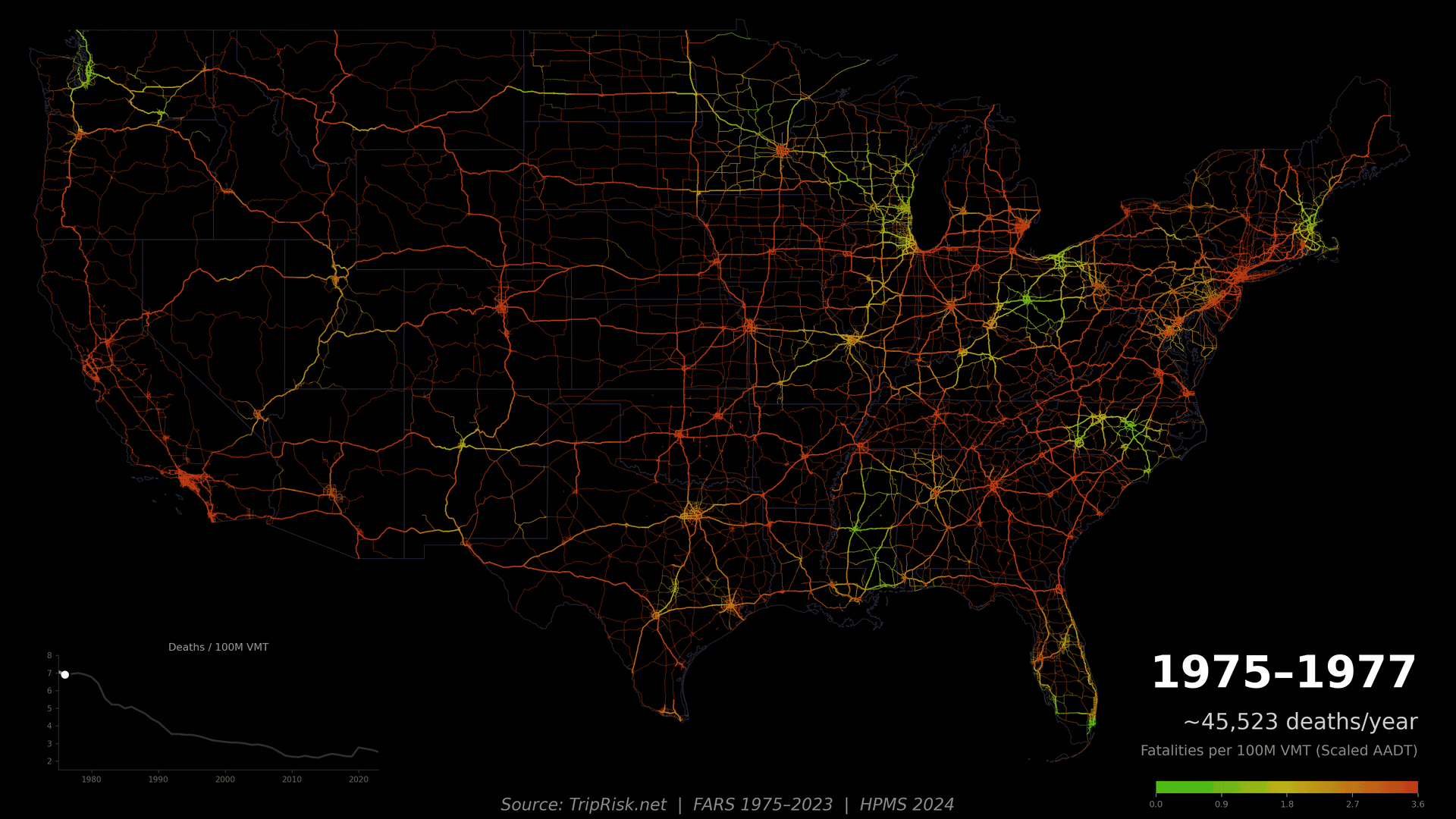 [OC] Fatal risk profile of major US highways: 1975 - 2023 Visualization