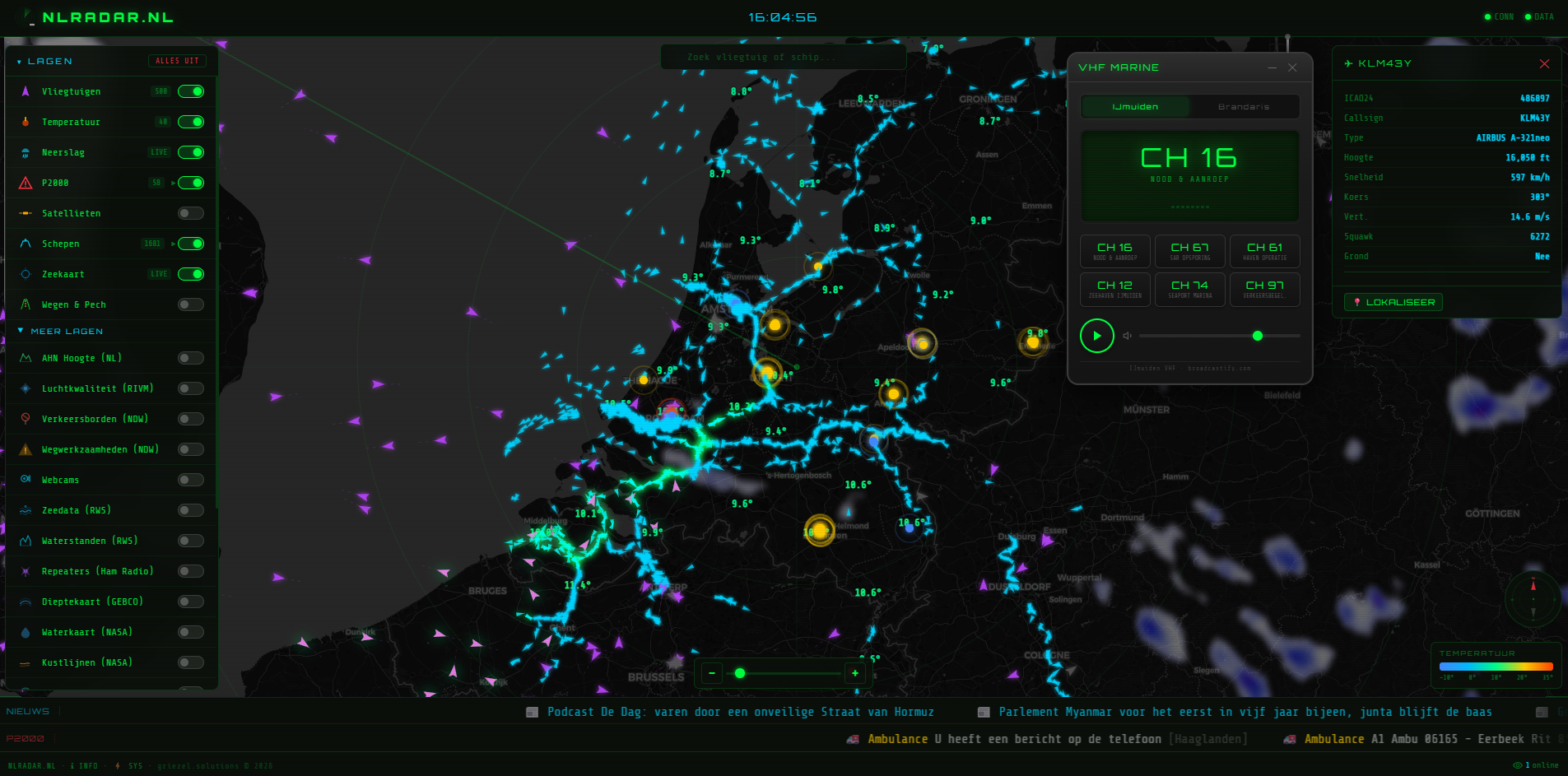 [OC] What is happening in the Netherlands right now? A live map combining planes, ships, weather radar, traffic and emergency alerts Visualization