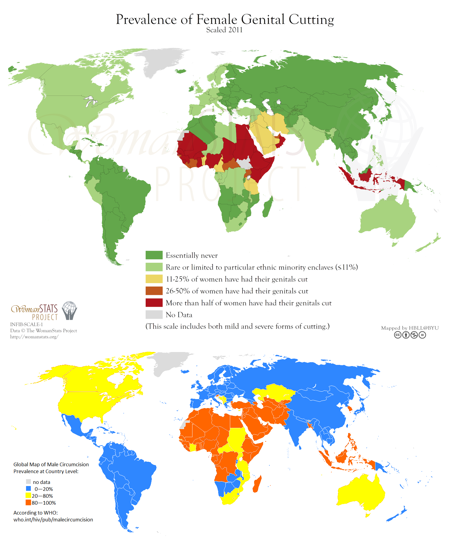 Global prevalence of FGM / Male Circumcision [my combined map] [OC] Visualization