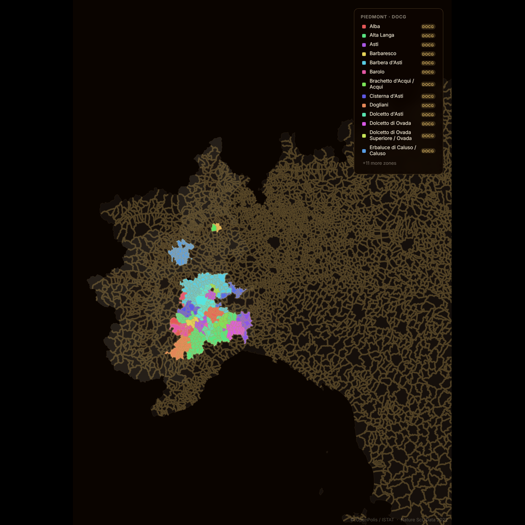 I mapped all 408 Italian DOC &amp; DOCG wine appellations at municipality level [OC] Visualization