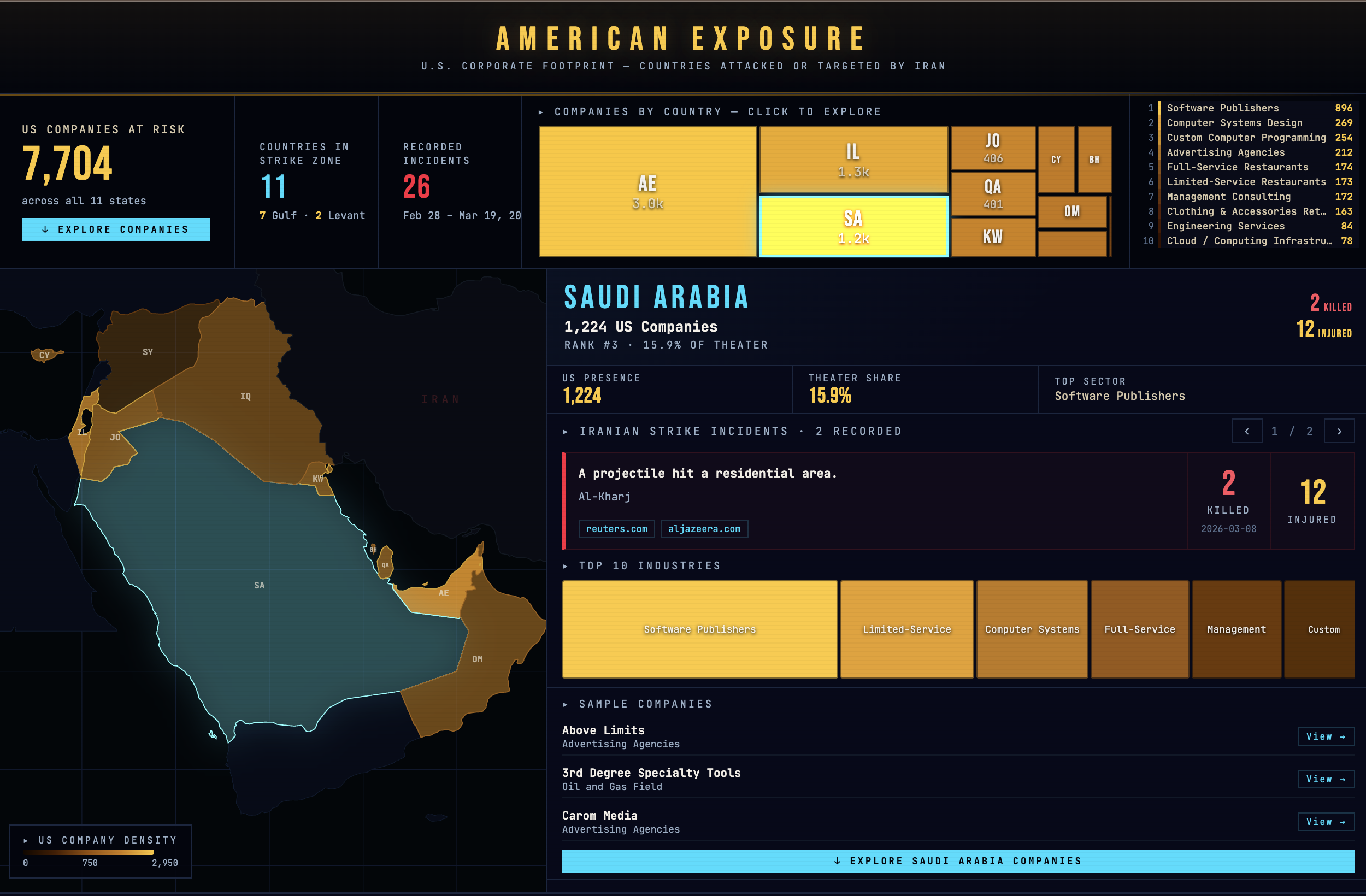 Interactive map of US corporate exposure in countries Iran has attacked or targeted Visualization Interactive map of US corporate exposure in countries Iran has attacked or targeted Visualization