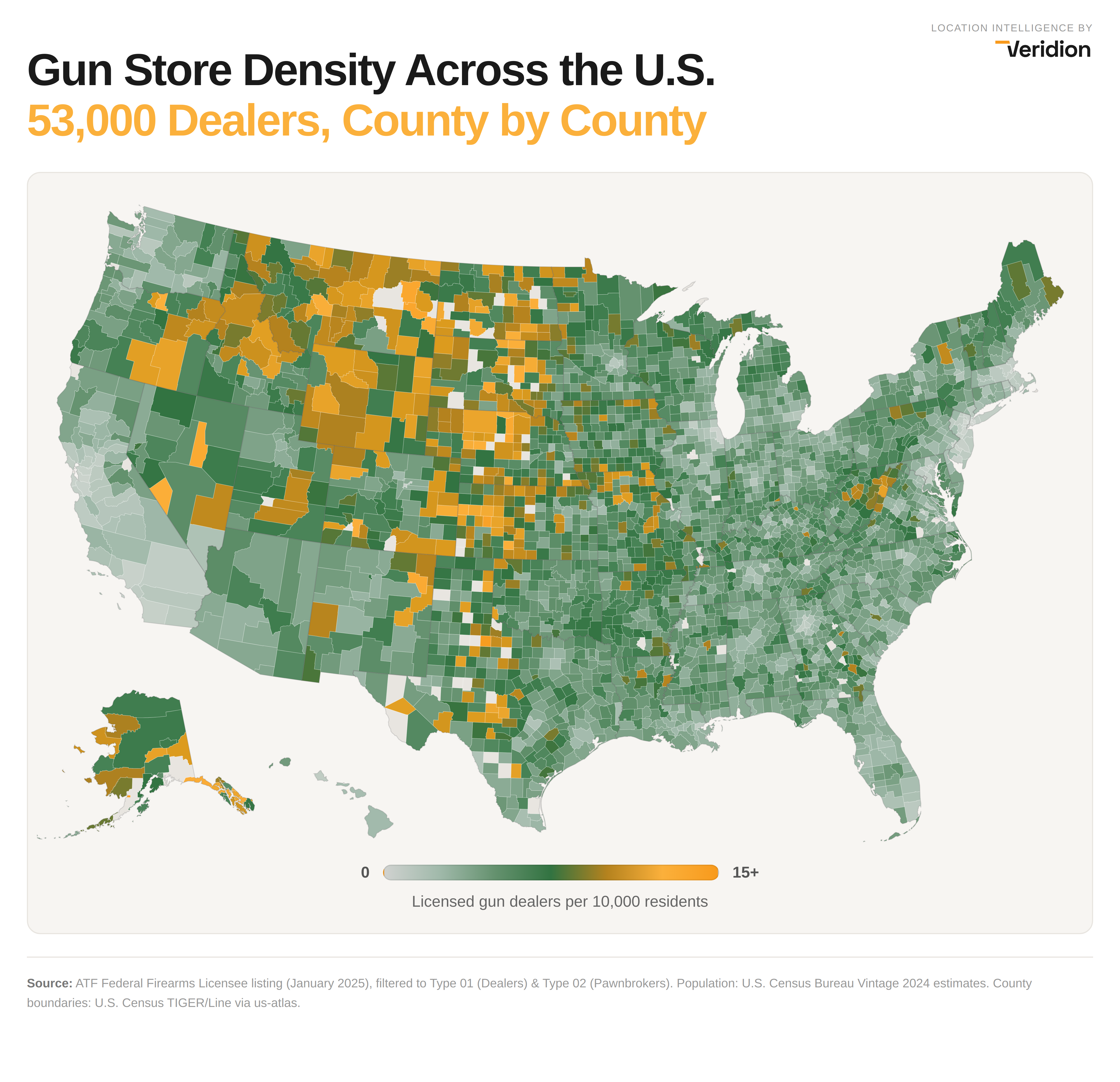 [OC] Density of gun stores across the US Visualization