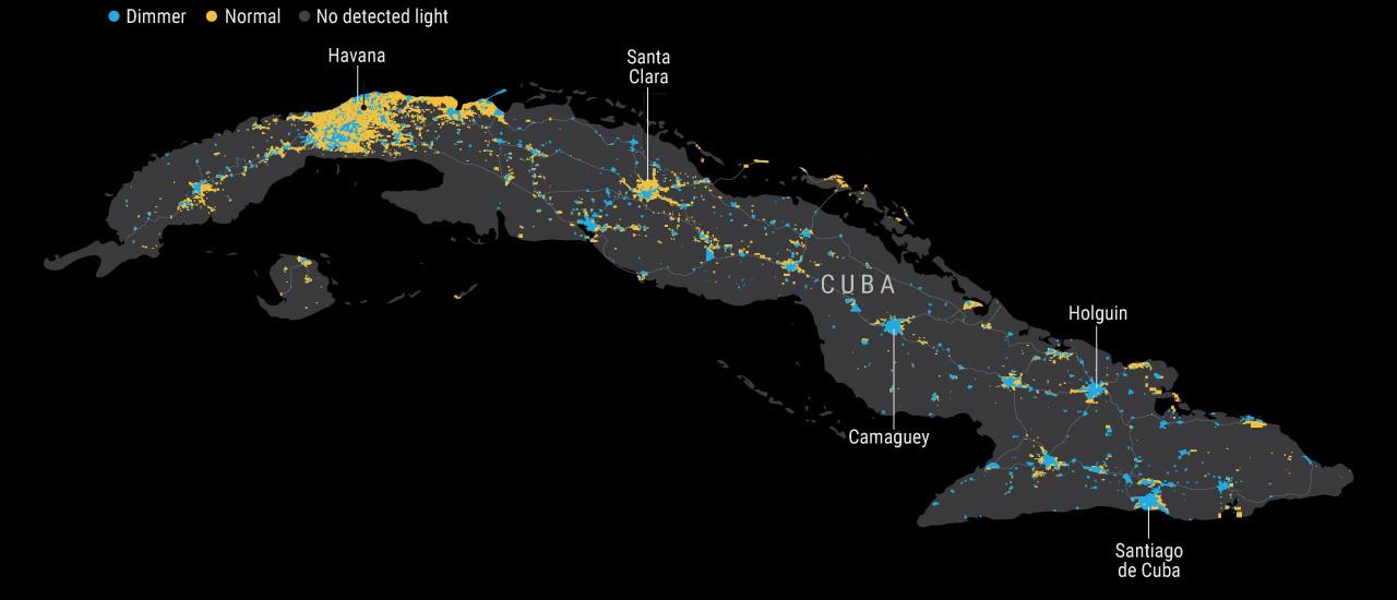 Cuba's change in nighttime light intensity from January 2026 vs. baseline norm (NASA Black Marble/CEPAL/Kpler/AS/COA) Comparison Cuba's change in nighttime light intensity from January 2026 vs. baseline norm (NASA Black Marble/CEPAL/Kpler/AS/COA) Comparison