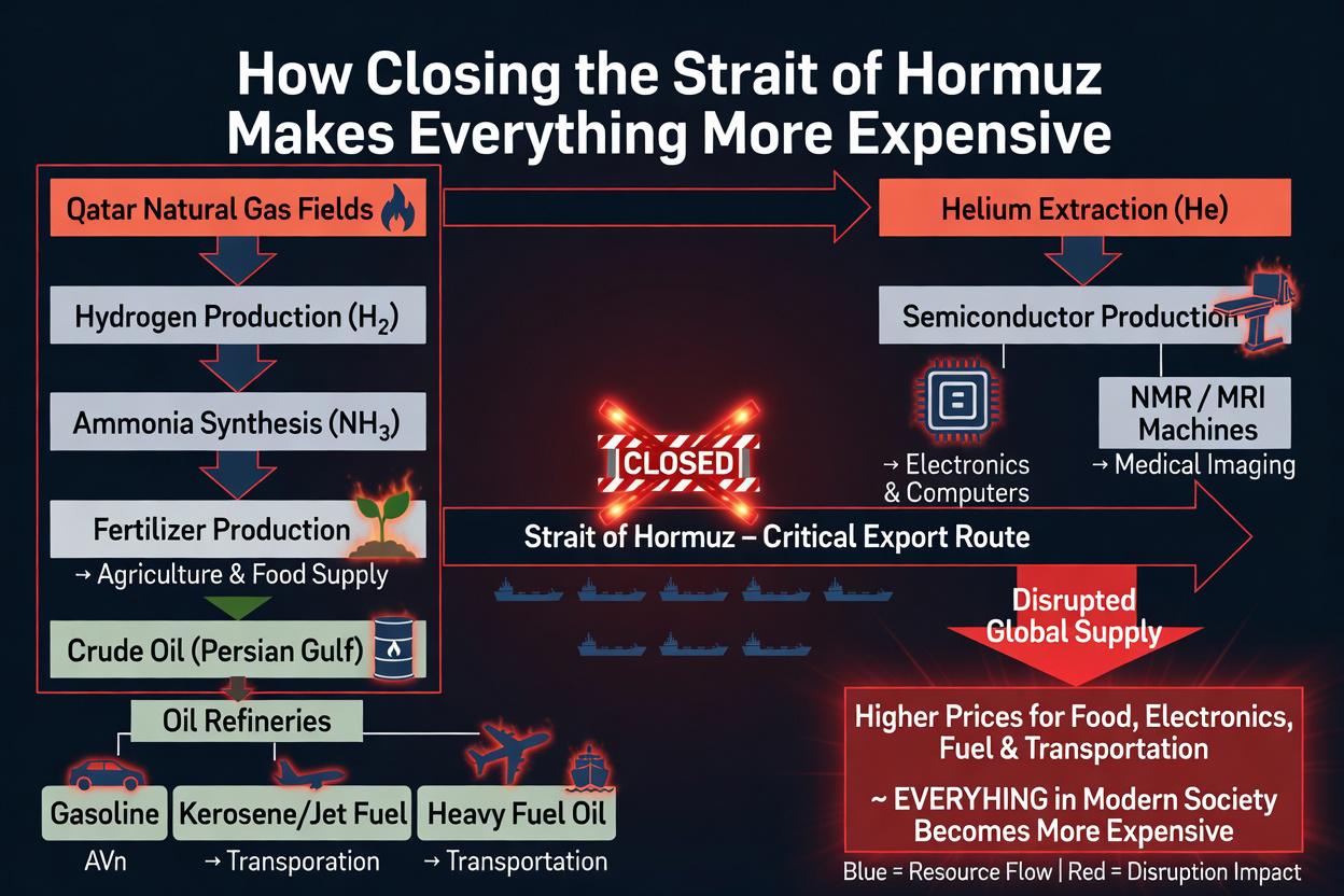 Why the closure of the strait of Hormuz makes not the gas price but almost everything in the modern society more expensive Visualization