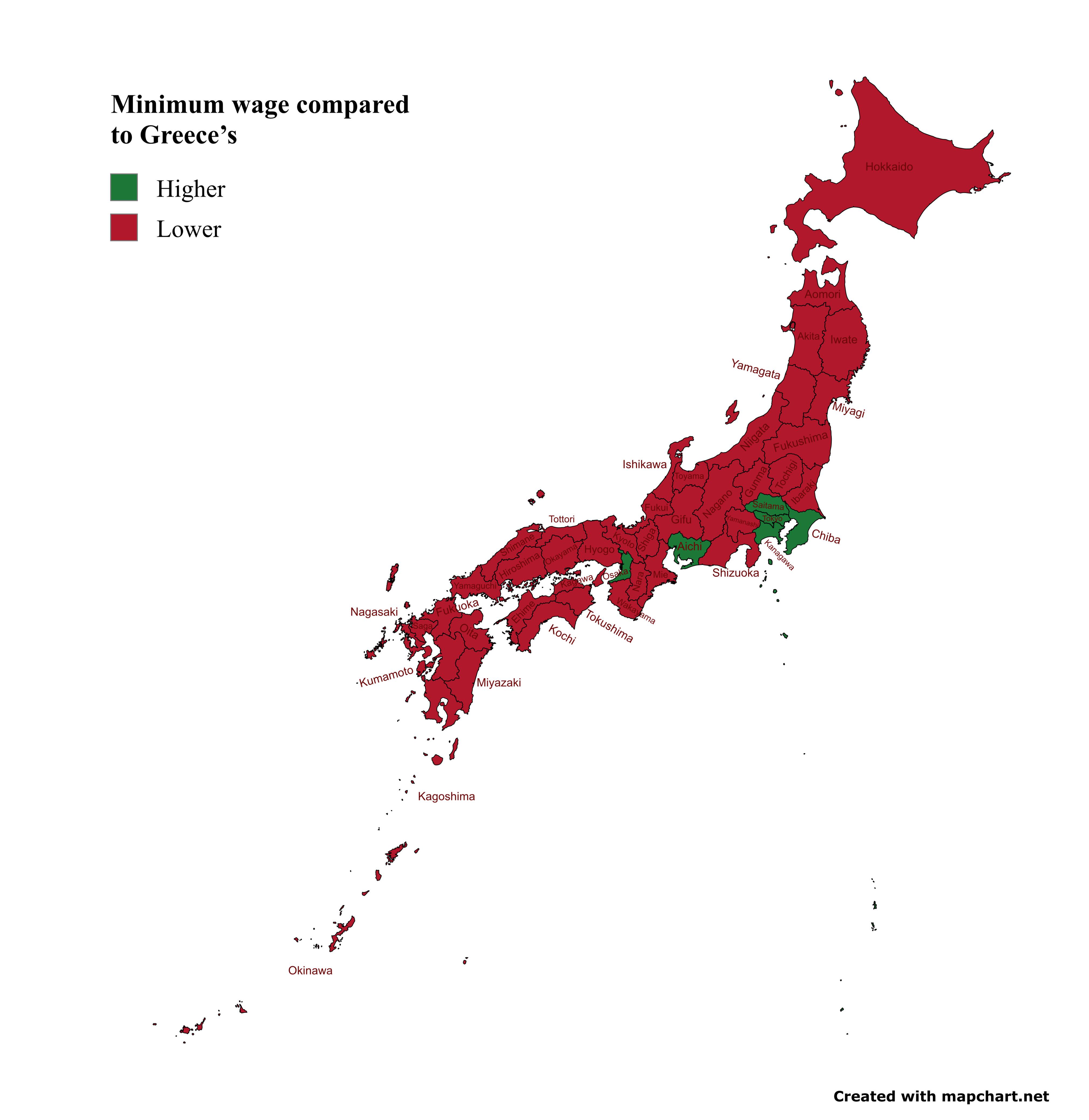 [OC] Greece’s Minimum Wage Exceeds Japan’s National Weighted Average Minimum Wage: Comparison by Prefecture Comparison