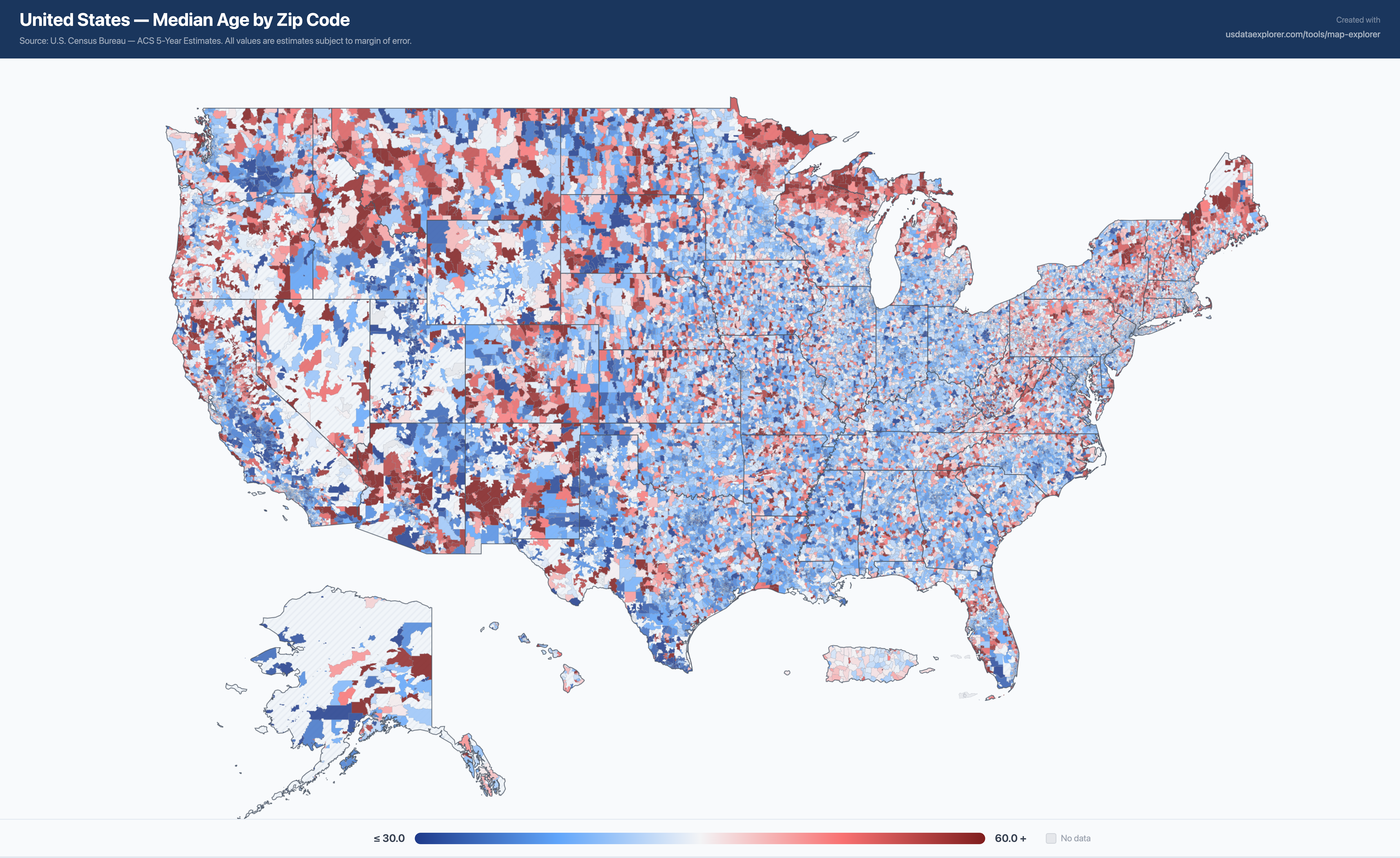 [OC] Median Age by Zip Code for the U.S. Visualization