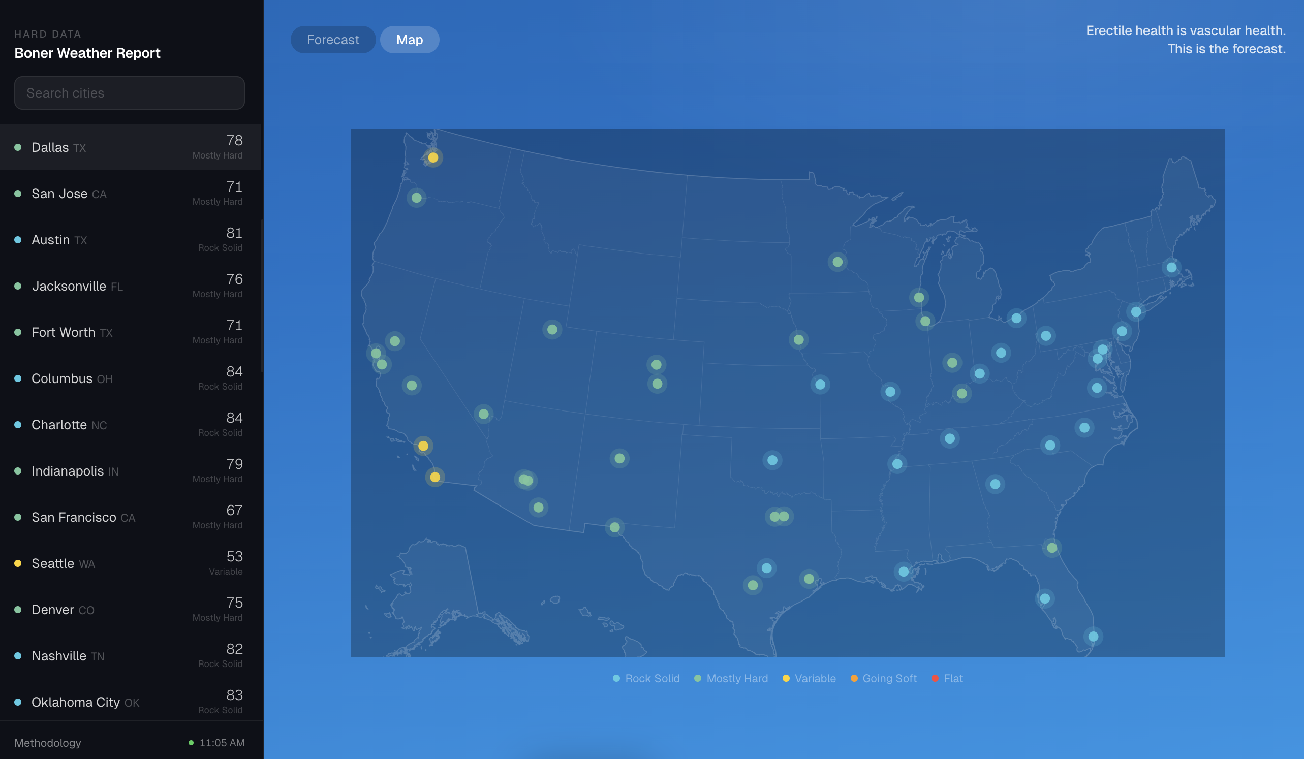 [OC] I mapped real-time PM2.5, NO2, UV Index, and humidity across 50 US cities and built a composite score for nitric oxide production conditions (for vascular health) Visualization