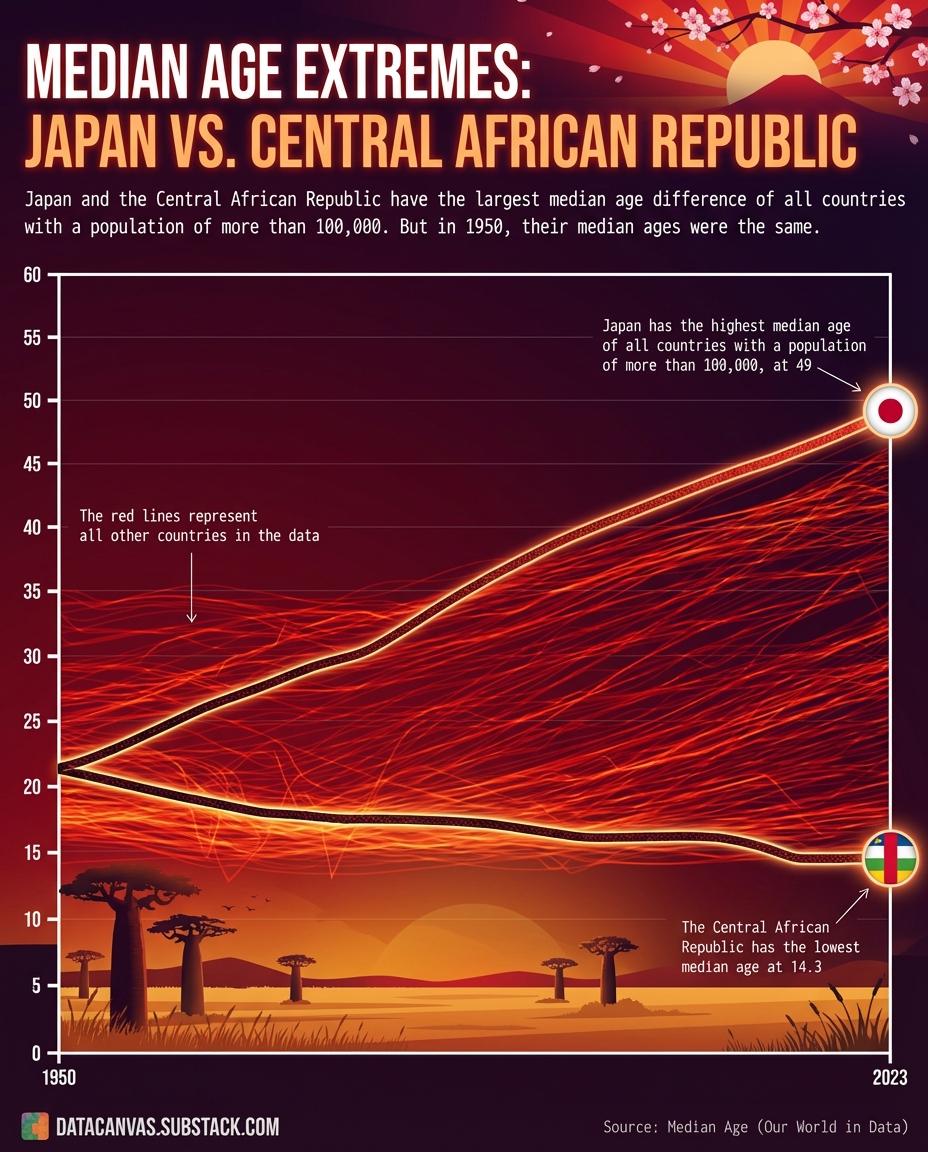 [OC] Median Age Extremes: Japan and the Central African Republic Have the Oldest and Youngest Populations — But They Shared the Same Median Age in 1950 Data Visualization