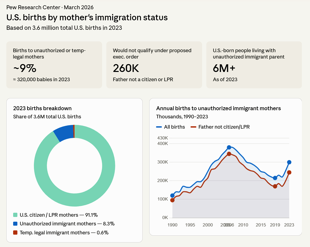 [OC] About 9% of U.S. births in 2023 were to unauthorized or temporary legal immigrant mothers Visualization