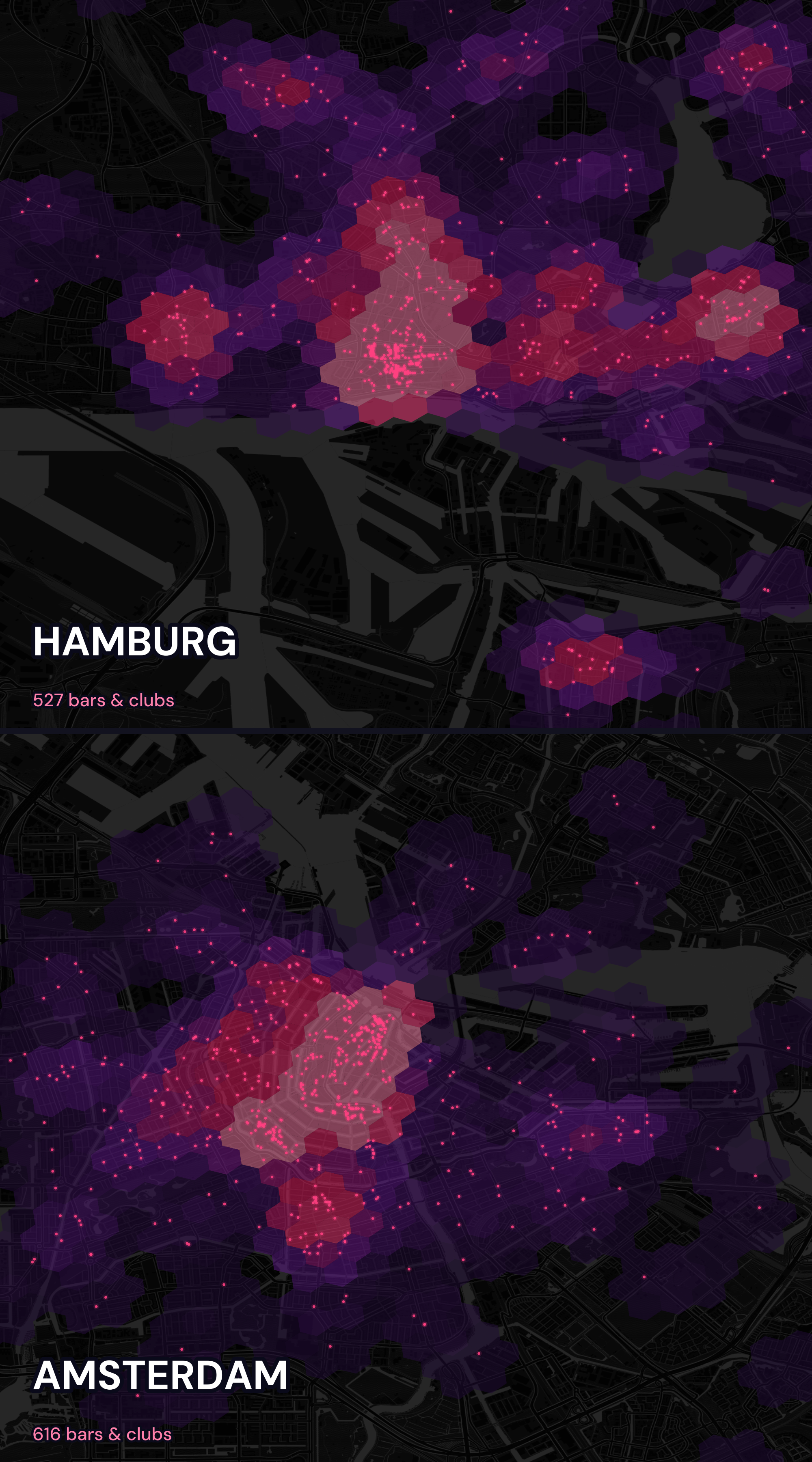 Hamburg's entire nightlife fits in one neighborhood. Amsterdam spreads it across the whole city. I mapped every bar in both. [OC] Visualization