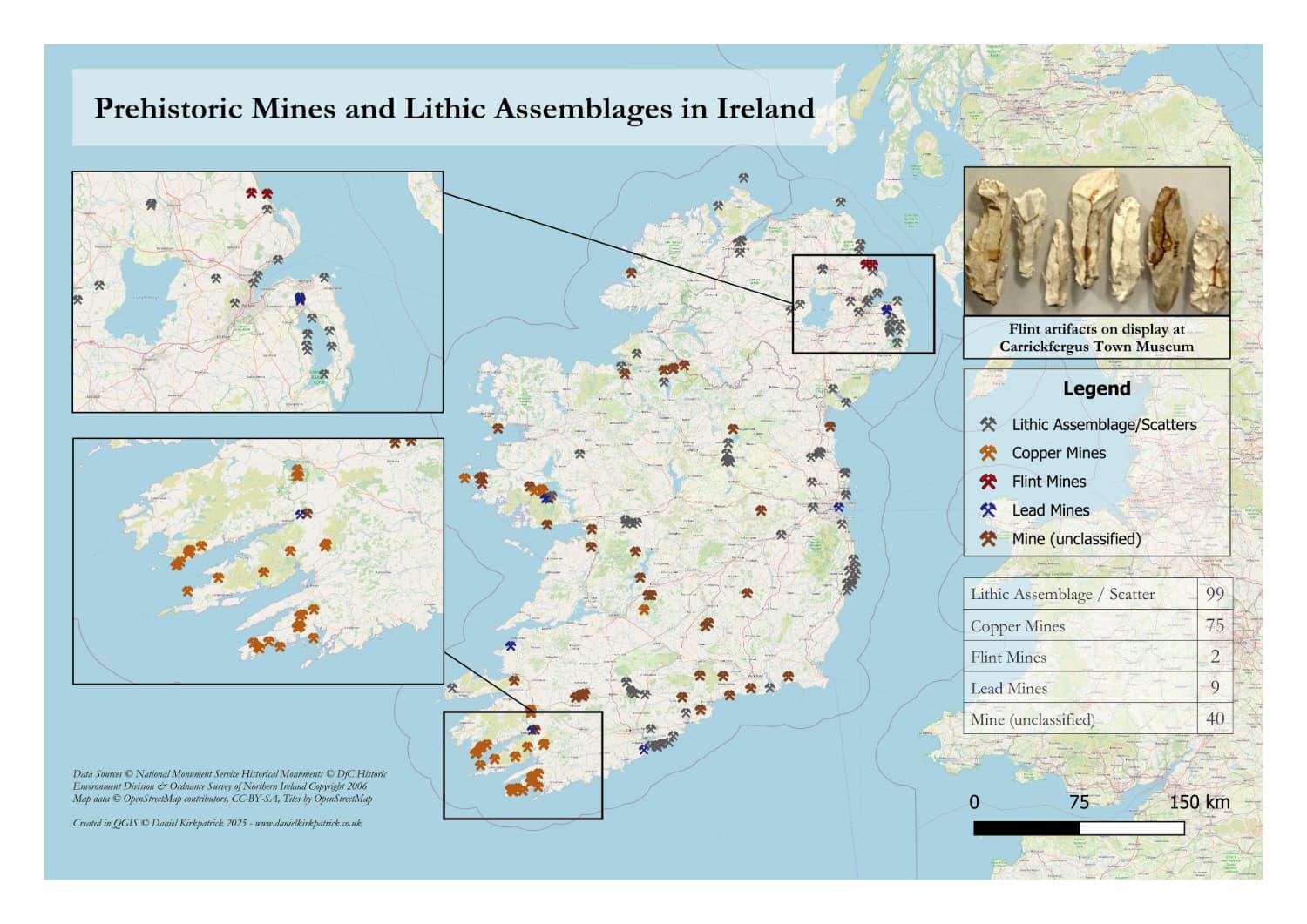 [OC] Distribution of Prehistoric Mines and Lithic Assemblages in Ireland Visualization