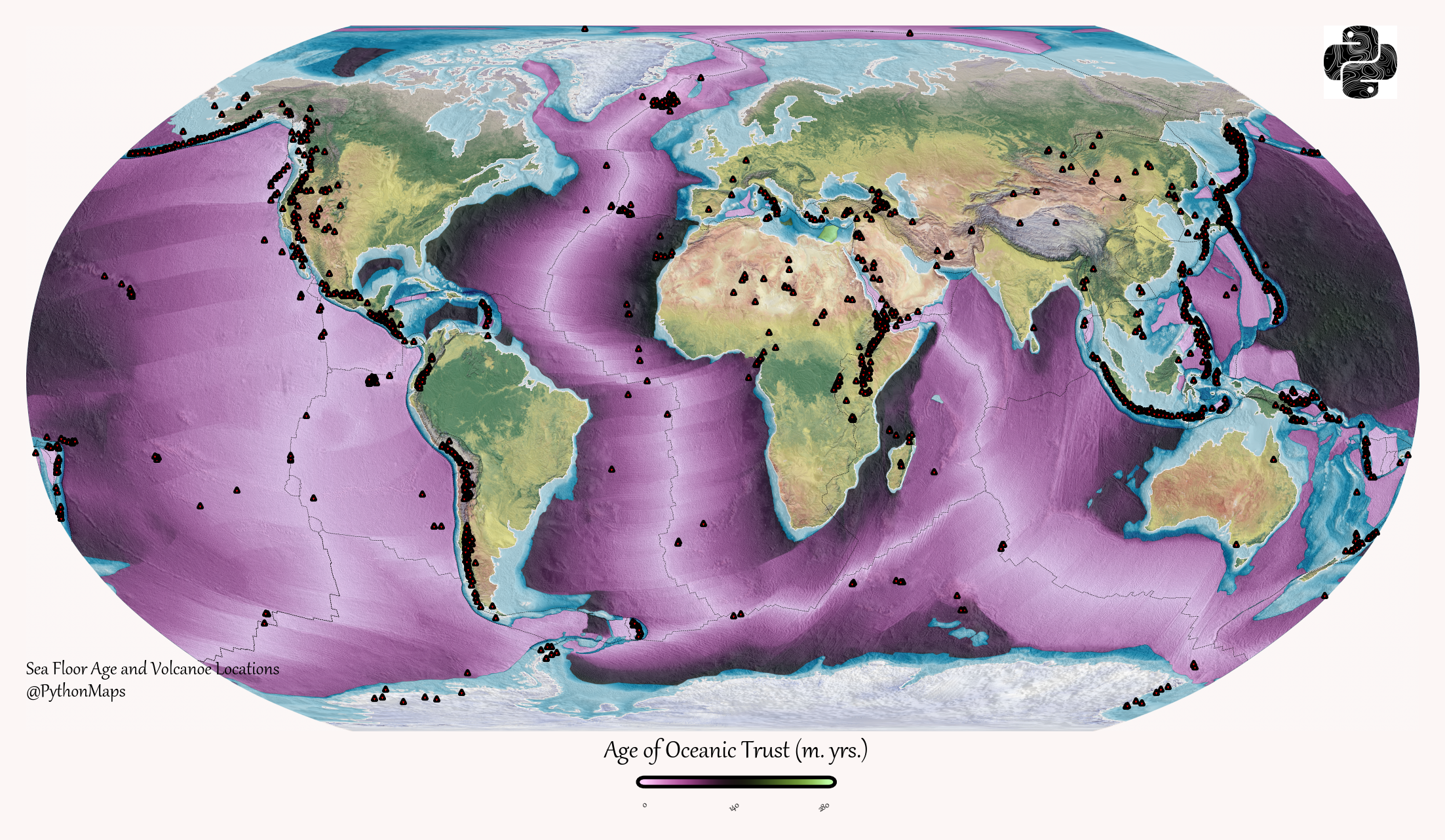 [OC] Mapping the age of oceanic crust, overlayed with the locations of the world's volcanoes Visualization