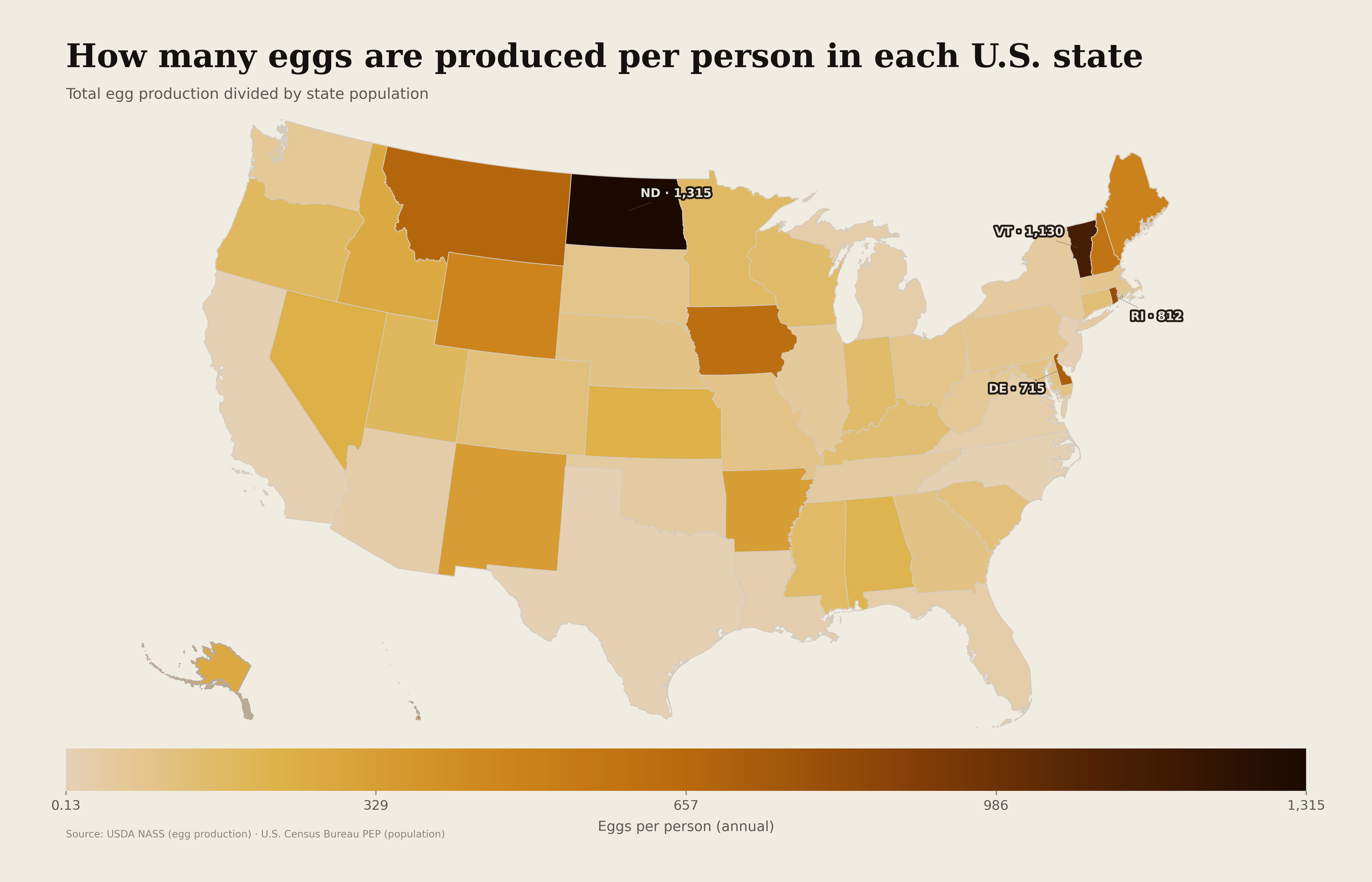 [OC] Eggs per person by U.S. state Visualization