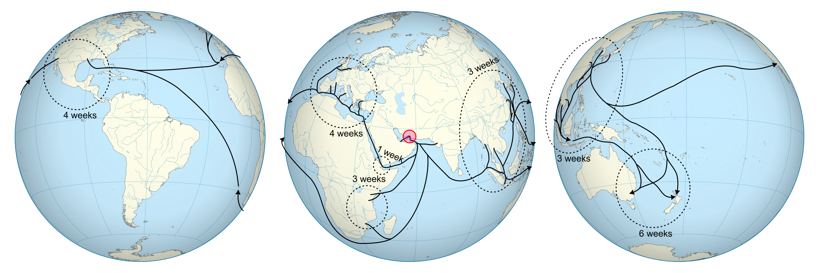 [OC] Orthographic maps of the world centred on the Hormuz Straight, annotated with oil delivery shipping lines and approximate delivery time