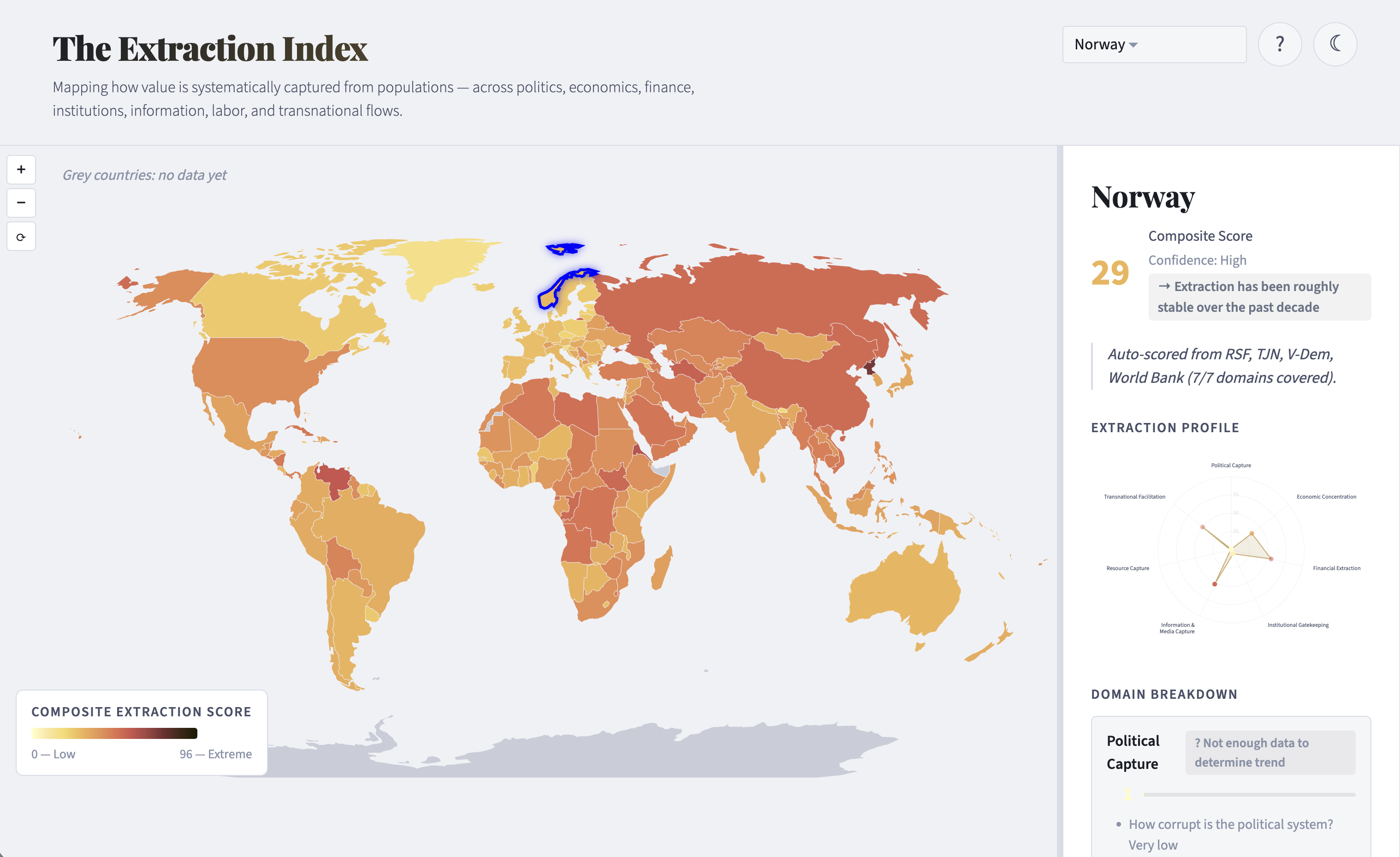 [OC] The Extraction Index is an interactive map scoring how much each country's institutions legally drain from ordinary people across 7 domains. Darker means "more extractive." Visualization