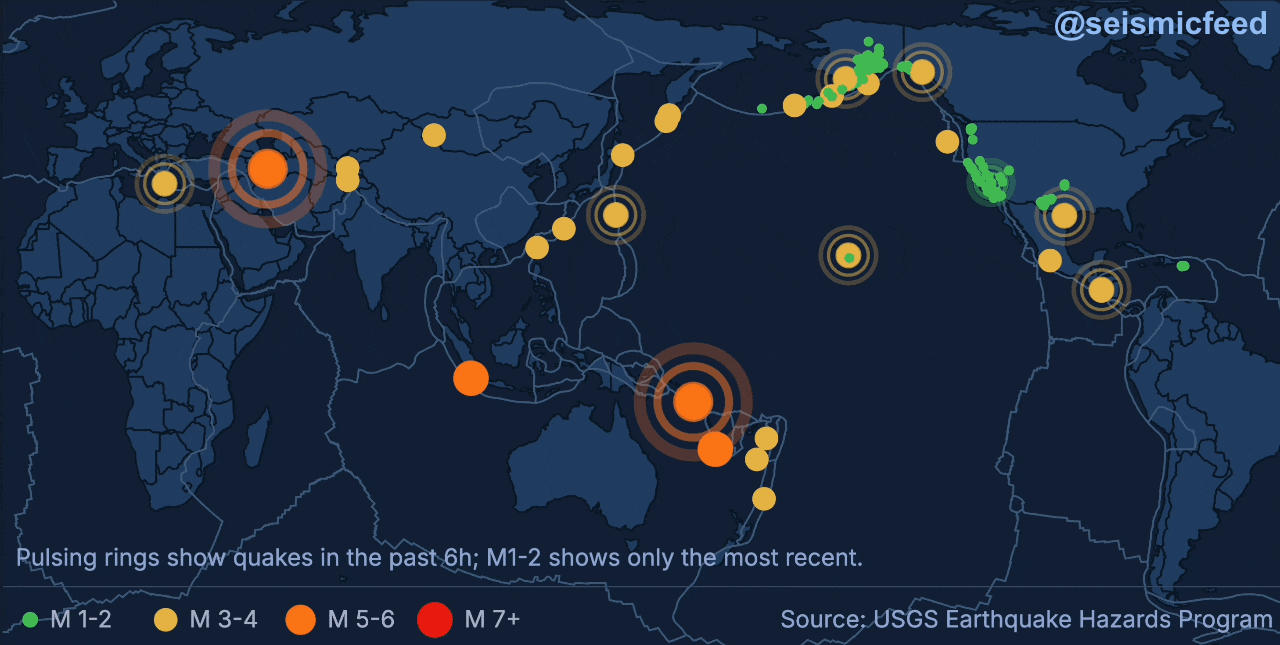 [OC] Every earthquake in the last 24 hours — magnitude distribution mapped globally (USGS data) Statistics