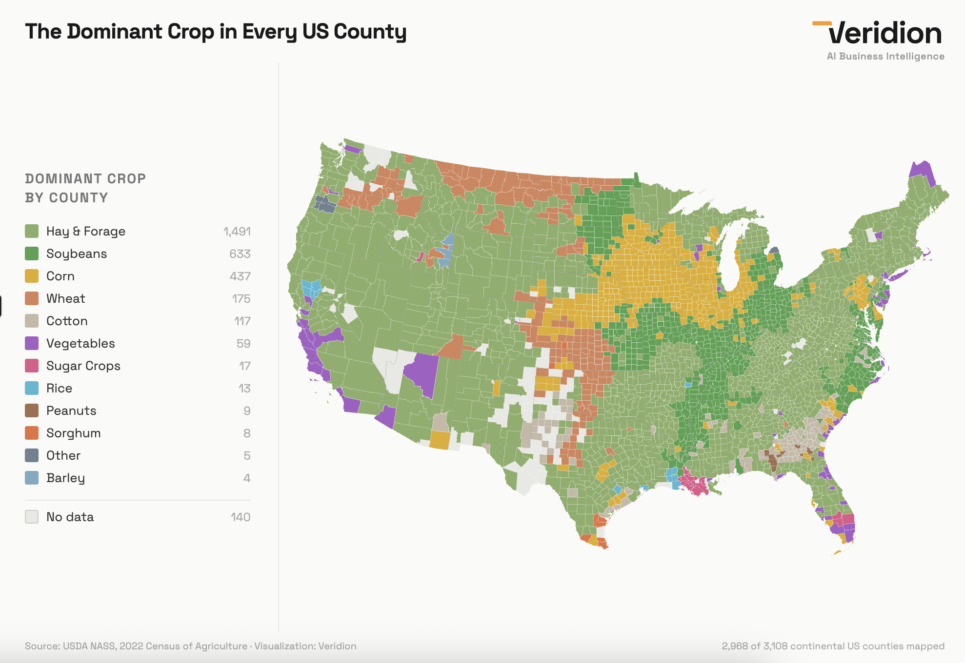 The dominant crop in every US county [OC] Visualization