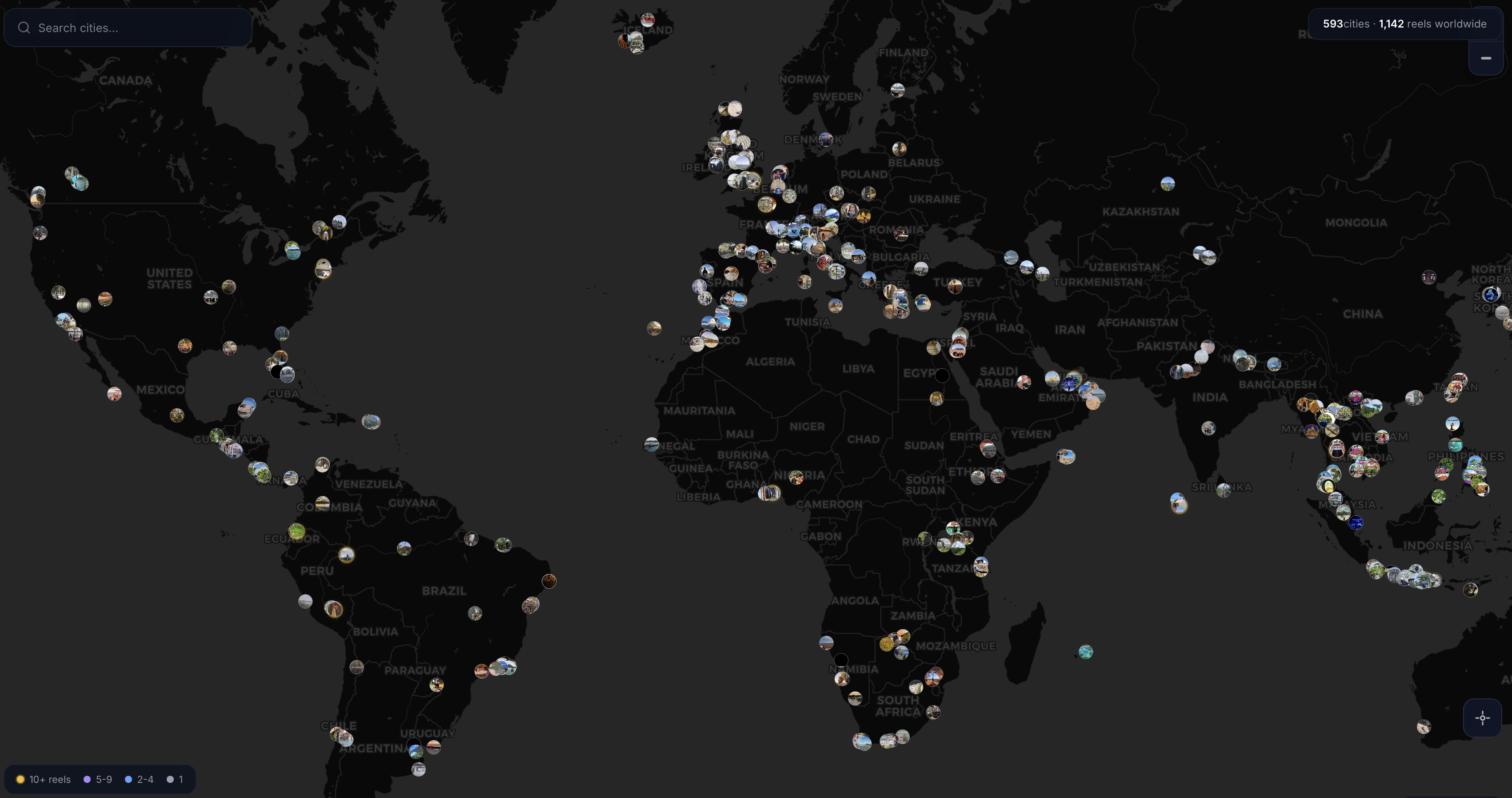 [OC] Plotted 1,142 geotagged travel reels across 593 cities - most of the world is still empty Visualization
