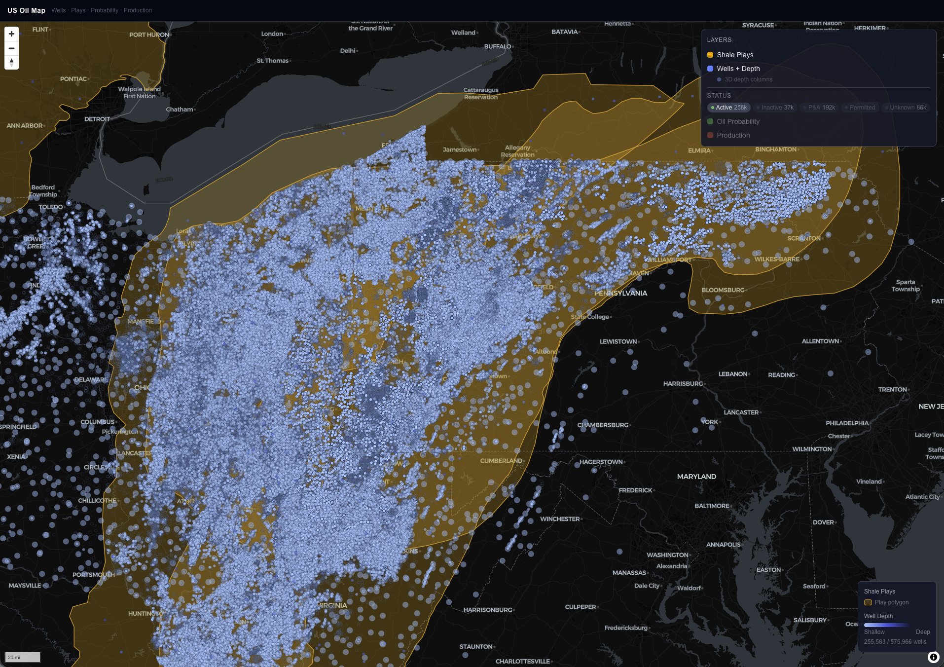 I mapped 2.85 million US oil &amp; gas wells, colored by depth and well status [OC] Visualization