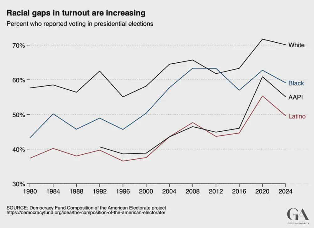 the 2024 election had the largest Black-White turnout gap in more than three decades Visualization