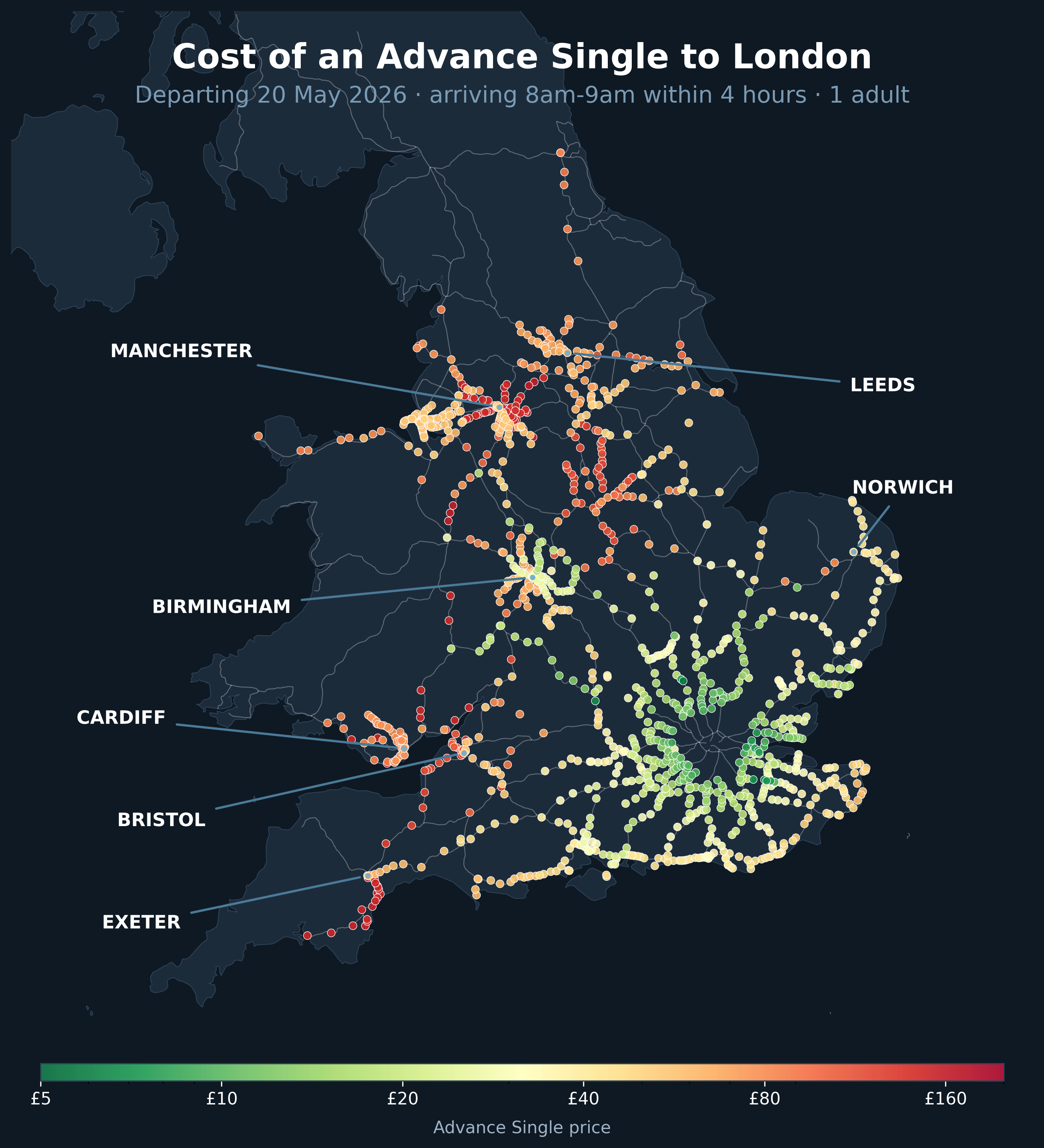 [OC] Cost of one-way train ticket to London Visualization