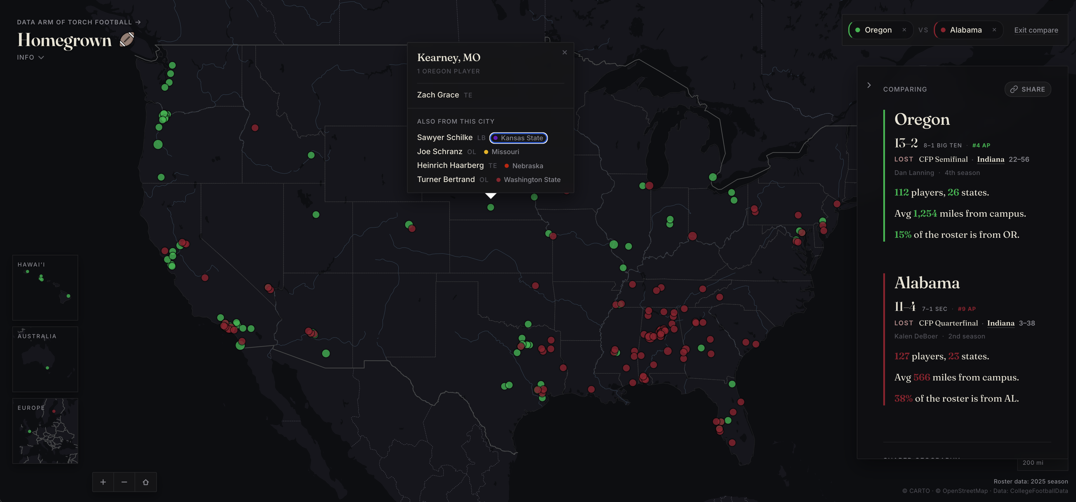 Mapped every 2025 FBS player by hometown. 2026 version in the works. [OC] Visualization