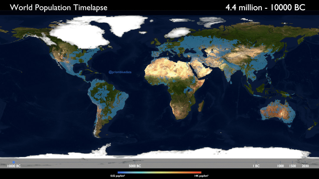 [OC] World Population Density Timelapse – 10,000 BC to 2030 Data Visualization
