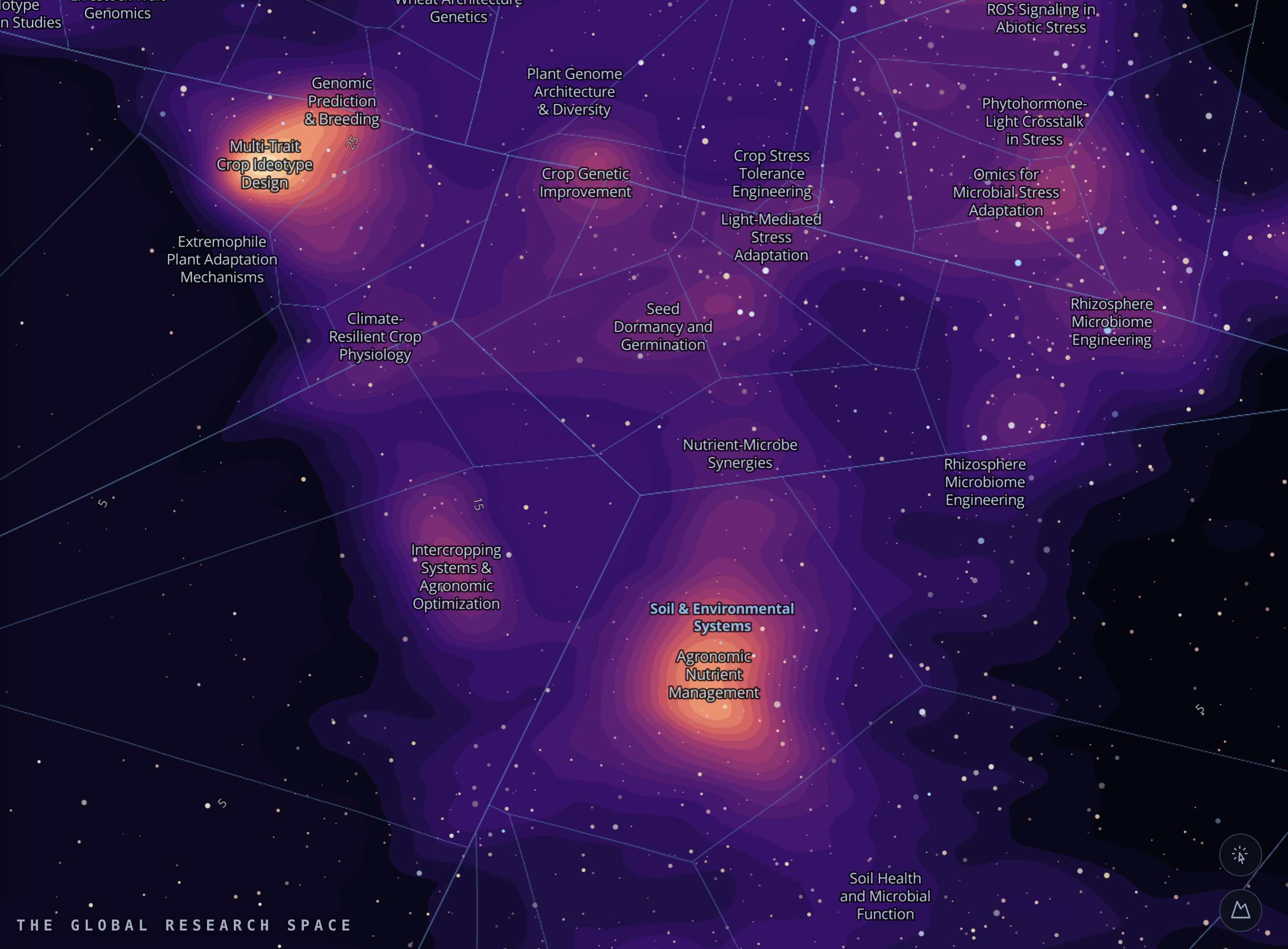 [OC] A topological map of research activity in Soil and Agriculture over the last 2 years. Visualization