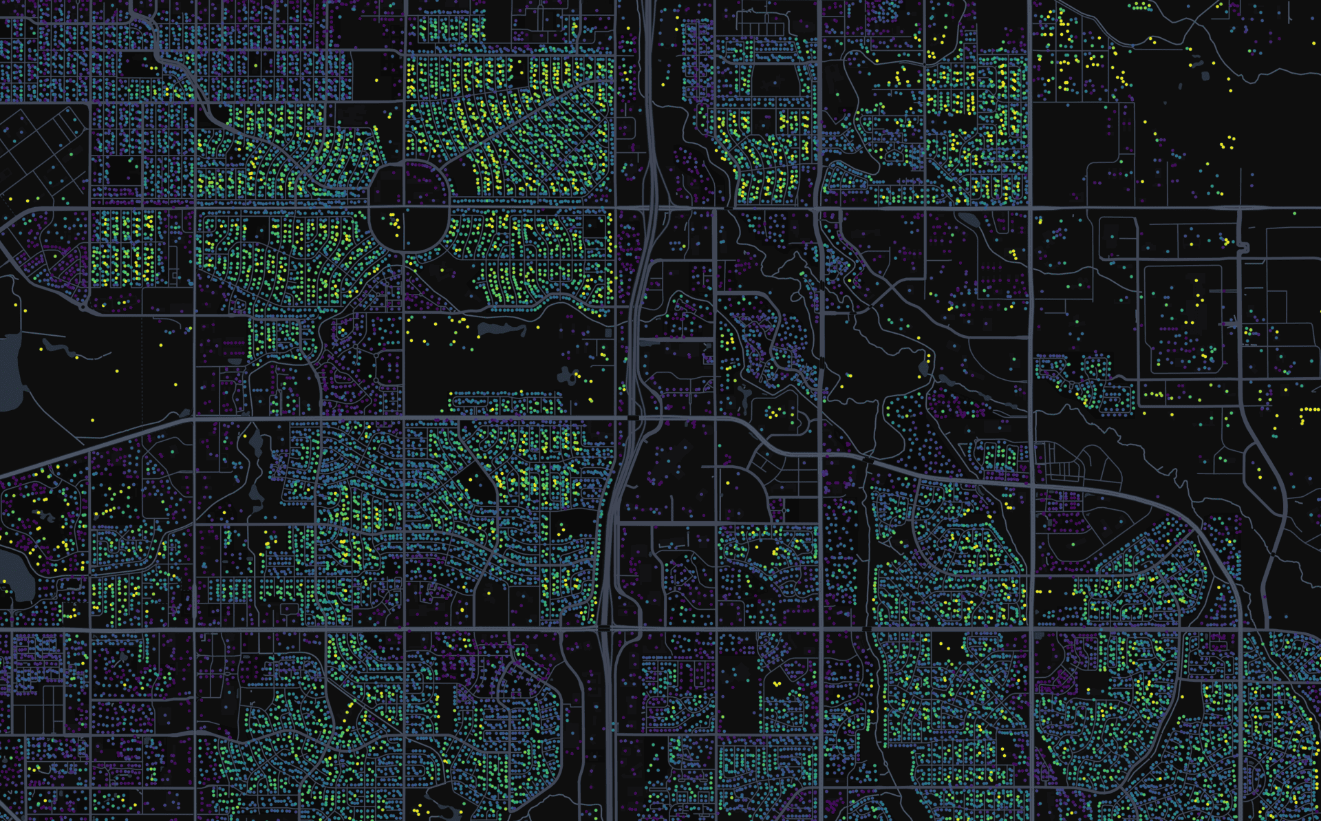 [OC] I made an interactive map of how close houses are to roads (using OpenStreetMap) Visualization
