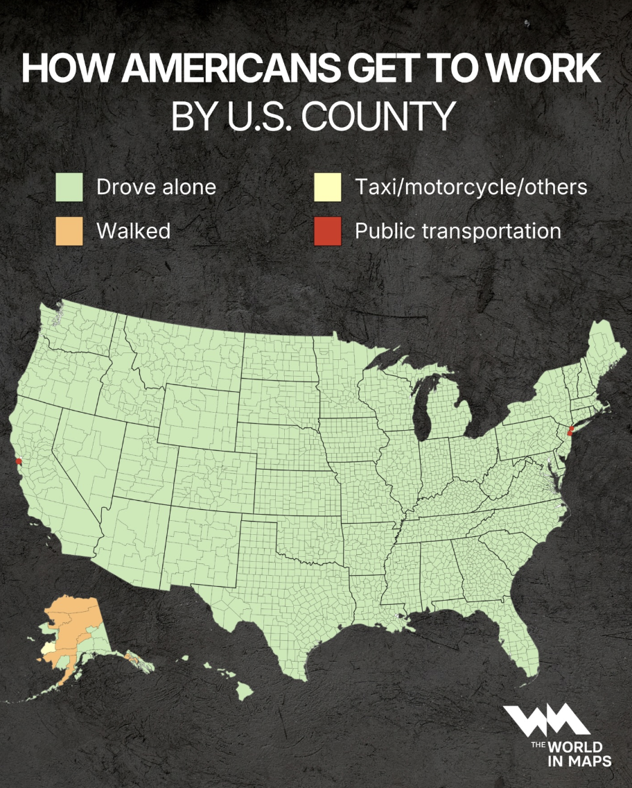 This map shows commuting patterns, just before the pandemic and one trend clearly dominates: driving alone. In fact, around 76% of workers commuted by car, making it by far the most common mode of transport across the country. Analysis This map shows commuting patterns, just before the pandemic and one trend clearly dominates: driving alone. In fact, around 76% of workers commuted by car, making it by far the most common mode of transport across the country. Analysis