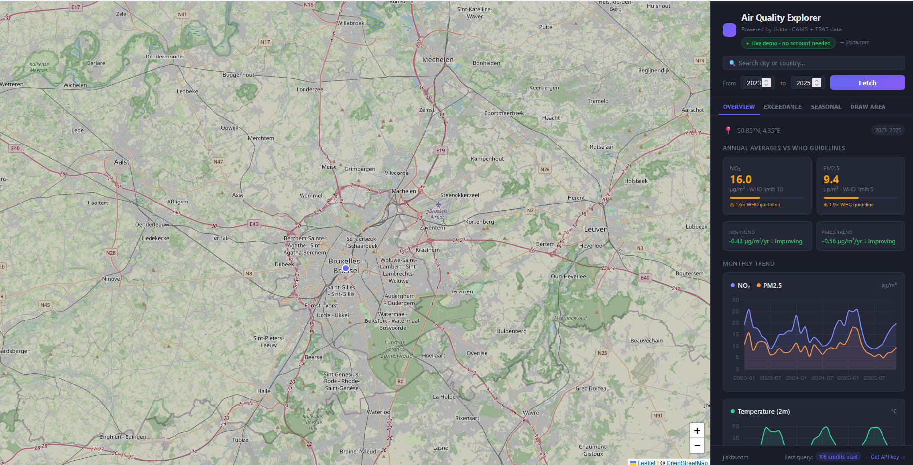 [OC] Interactive map of European Air Quality (NO2 &amp; PM2.5) and Temperature trends using Copernicus CAMS/ERA5 data Analysis