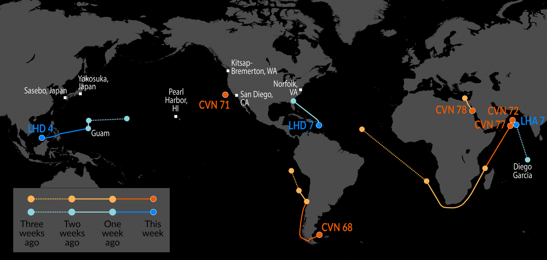 Apr 30th US Navy tracking - USS George HW Bush (CVN-77) has arrived off the coast of Iran + USS Nimitz (CVN-68) trains with Argentina + USS Boxer (LHD-4) continues west towards Iran Visualization