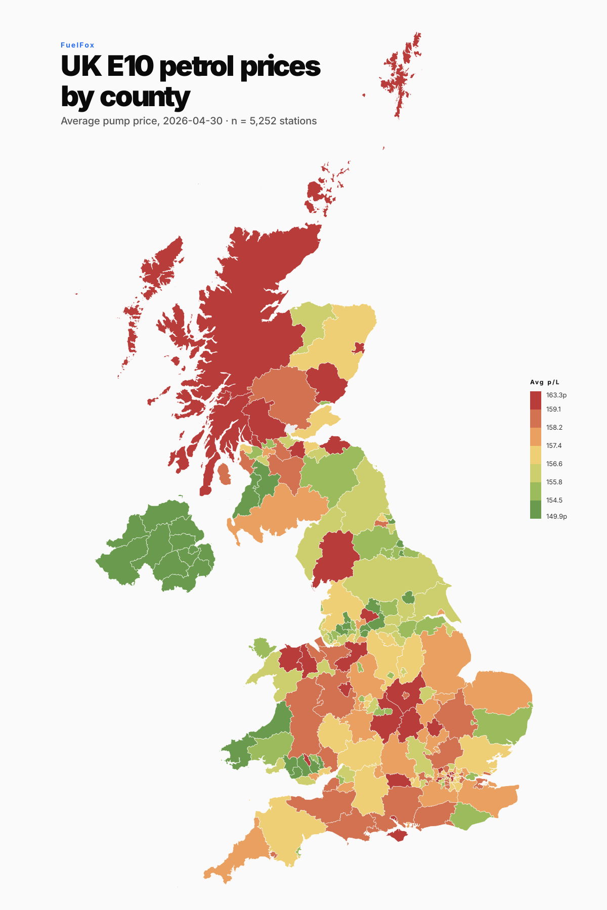 [OC] Average E10 petrol price by UK, April 2026 Visualization