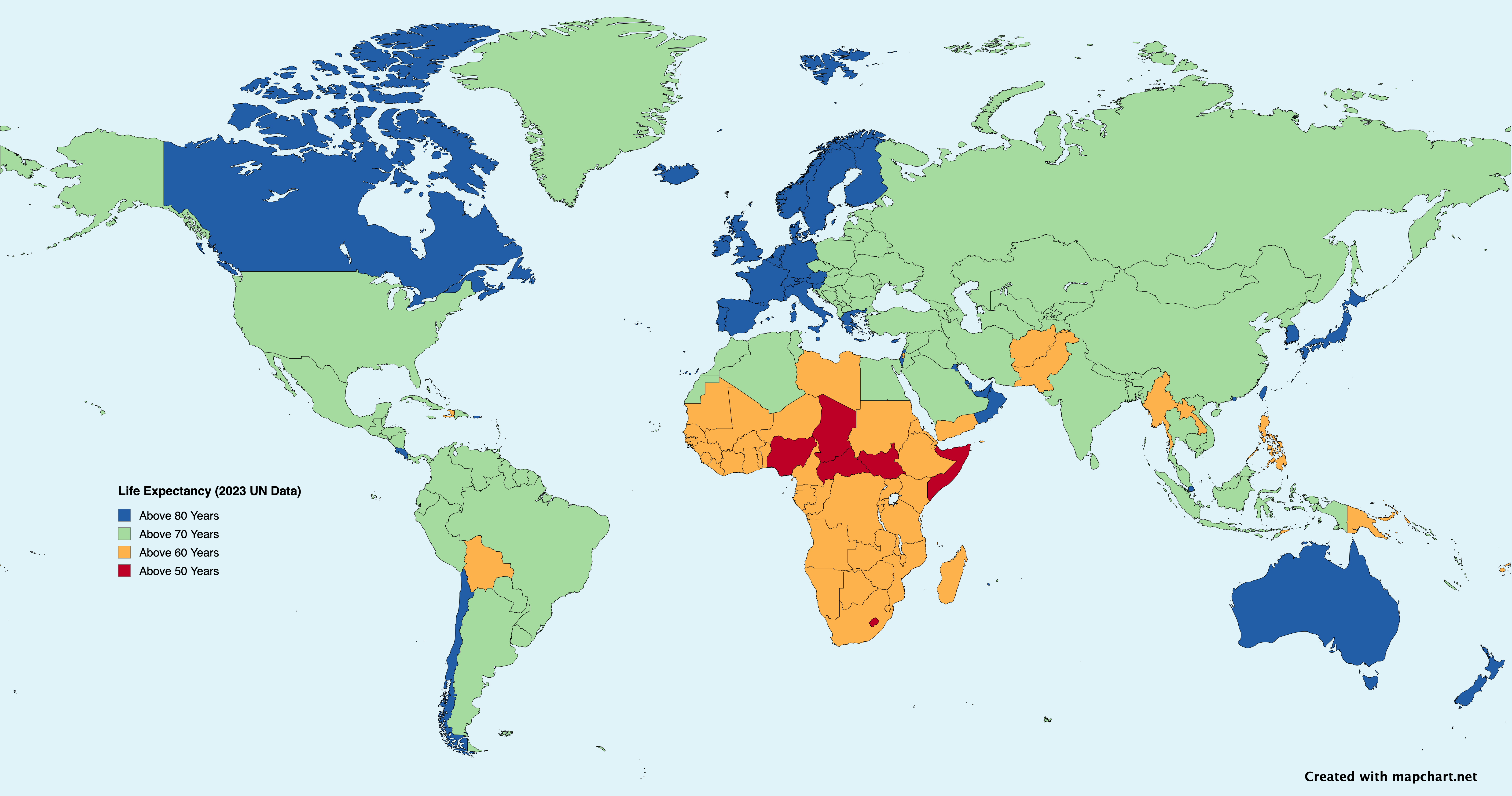 [OC] Life Expectancy By Country (2023 UN Data) Statistics