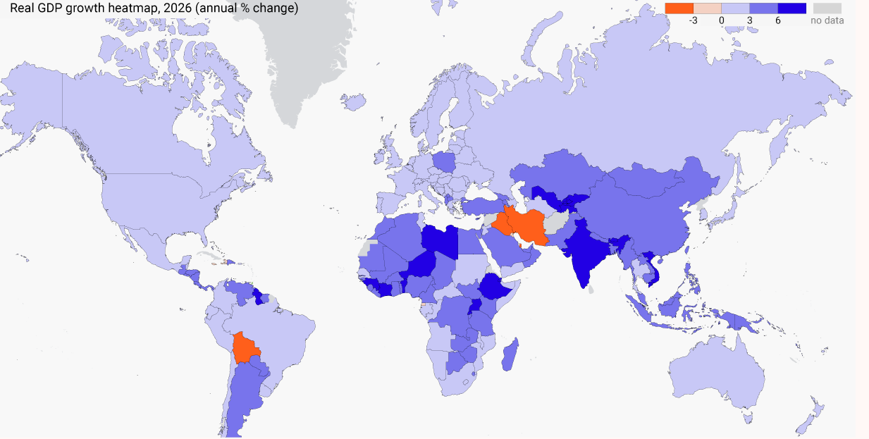 Real GDP global growth heatmap (annual % change) (IMF/World Economic Outlook Database, Apr. 2026) Statistics Real GDP global growth heatmap (annual % change) (IMF/World Economic Outlook Database, Apr. 2026) Statistics