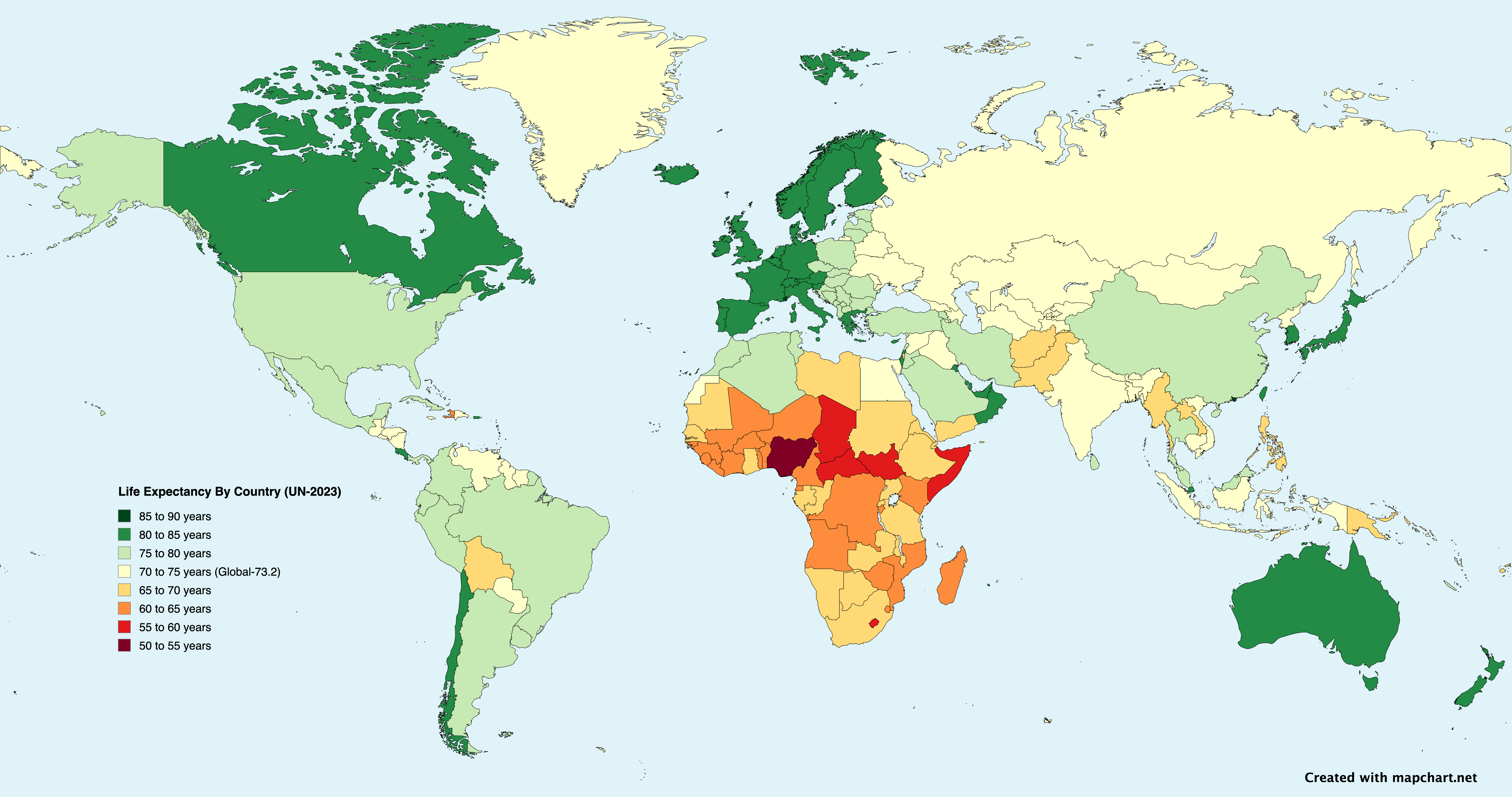 [OC] Life Expectancy By Country (UN-2023) Visualization