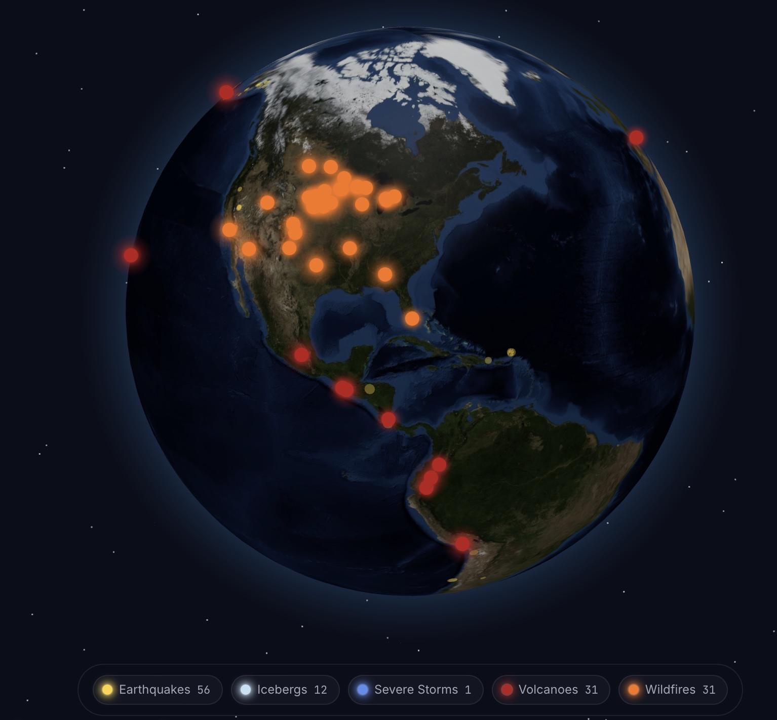 [OC] Live globe visualization of every M2.5+ earthquake in the last 24 hours, active wildfires, severe storms, and geomagnetic activity — drawn from USGS, NASA EONET, and NOAA feeds Visualization