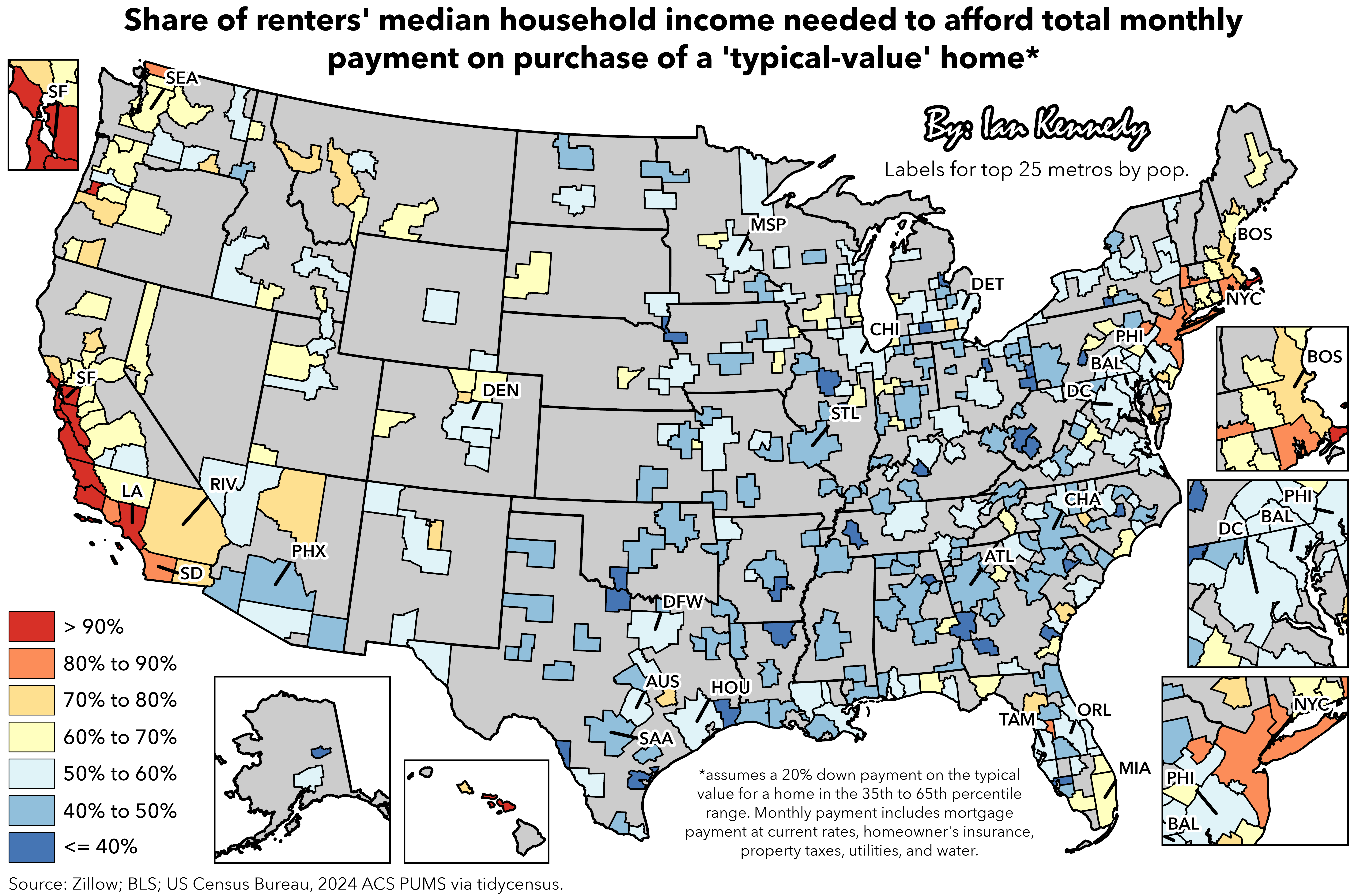 How unaffordable is it for renters to buy a home in the metro where they live? [OC] Visualization